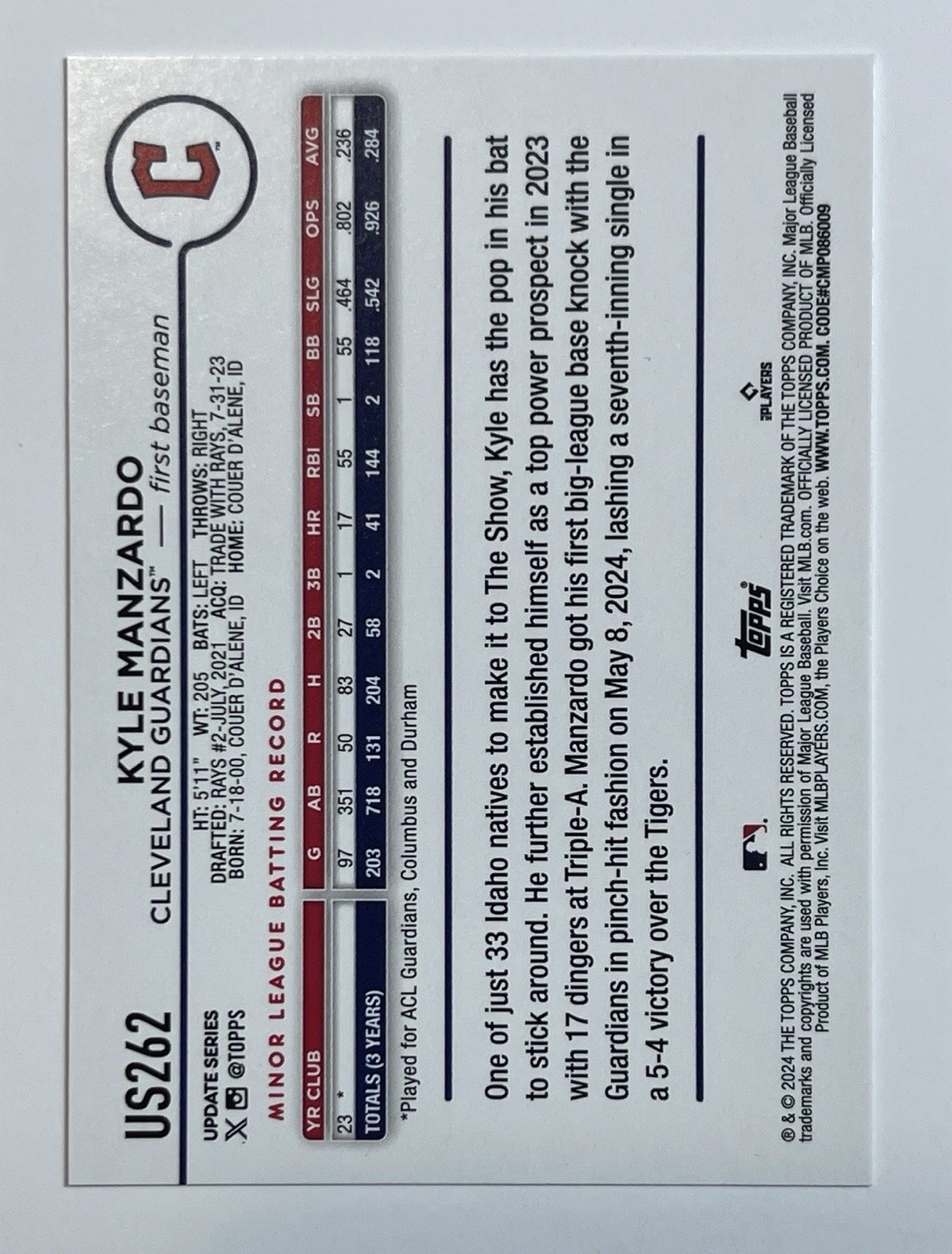 2024 Topps Update #US262 Kyle Manzardo Cleveland Guardians RC