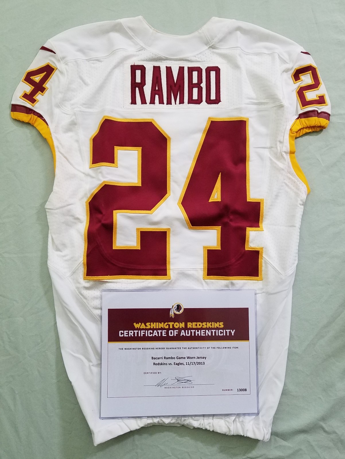 Bacarri Rambo #24 Redskins Game-Worn & Unwashed Jersey vs Eagles w/COA – 13008