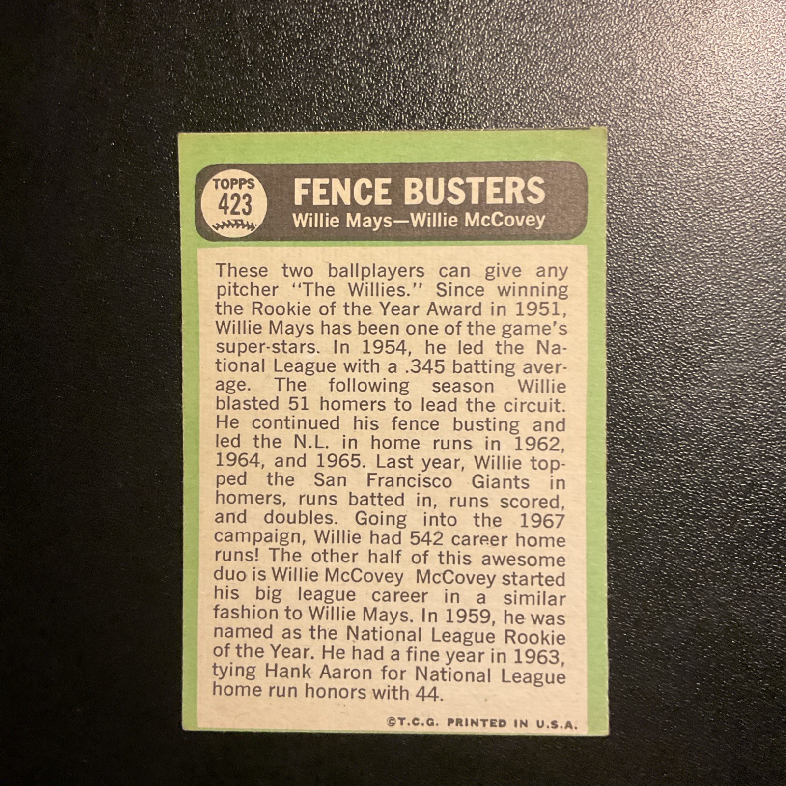 1967 Topps HOFer’s Willie Mays & Willie McCovey #423 San Francisco Giants EX