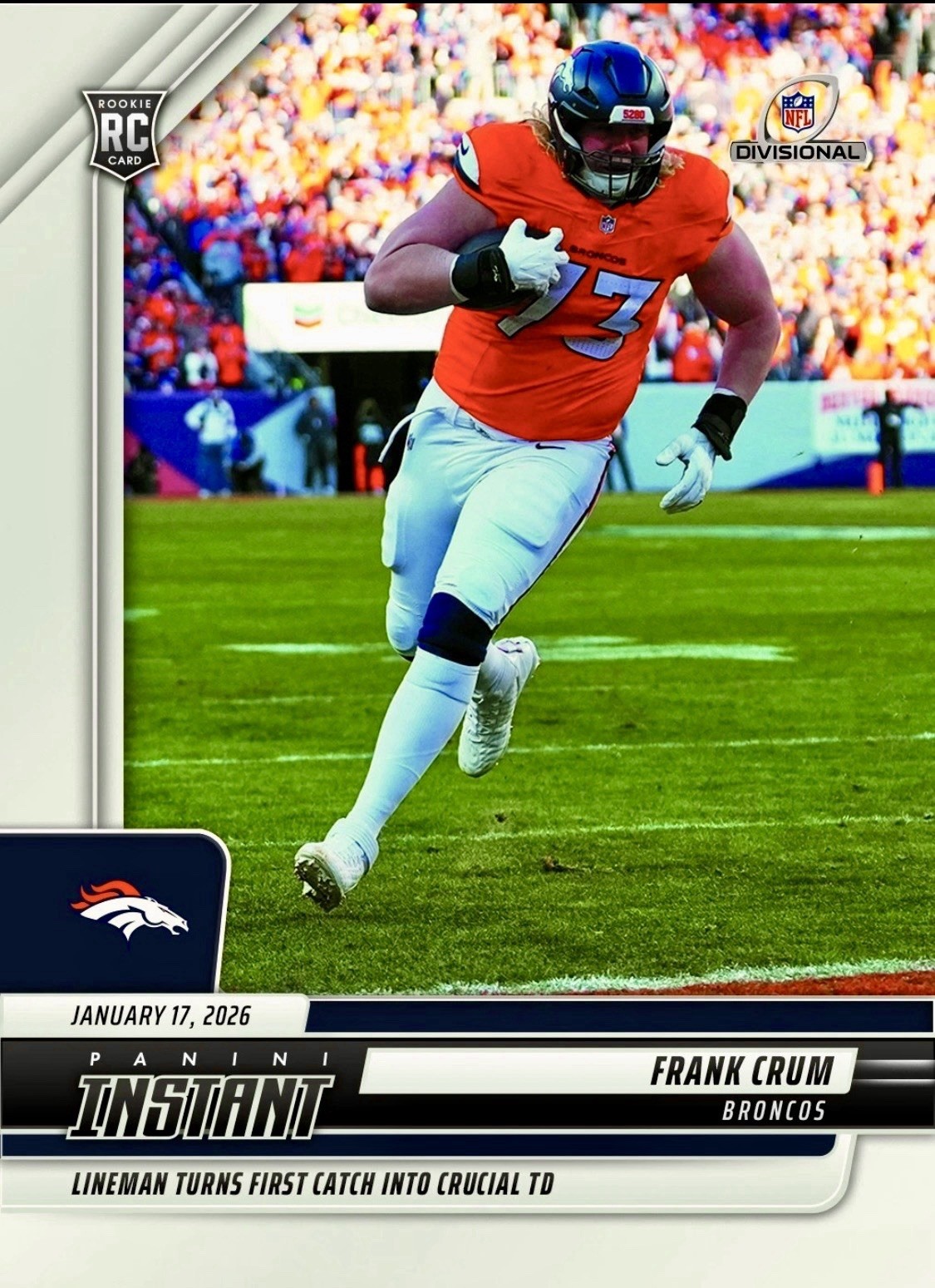 Frank Crum 2025 Panini Instant #422 /184 1st REC 1st TD RC Broncos