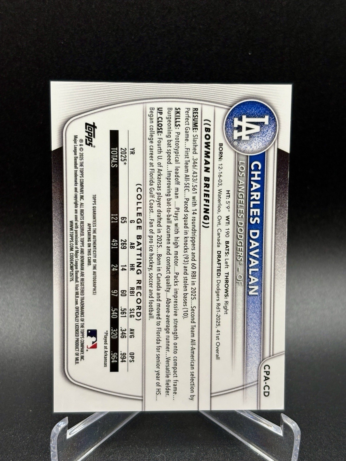2025 Bowman Sapphire – Charles Davalan 1st Auto /199 Dodgers #CPA-CD