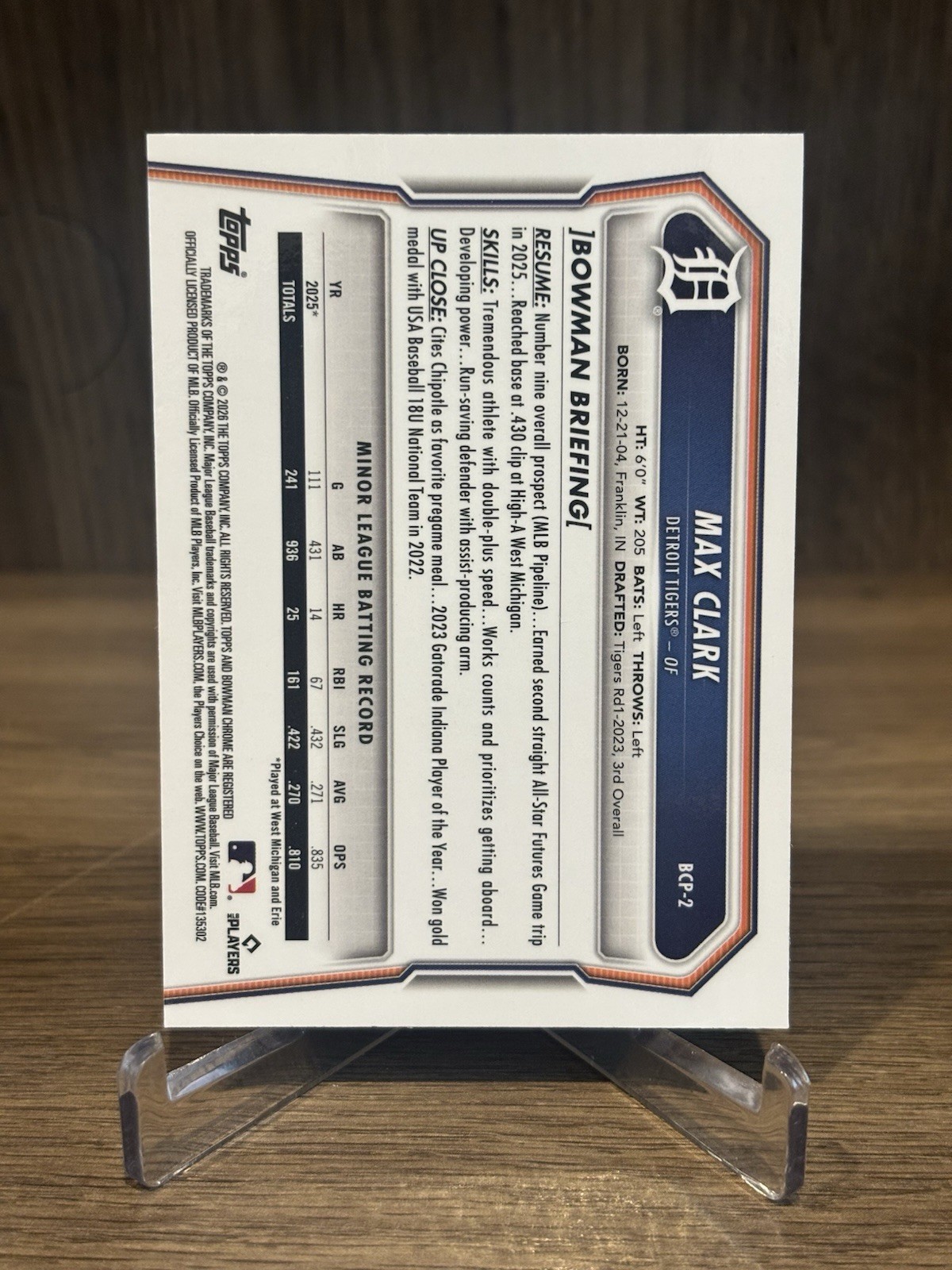 Max Clark 2026 Bowman Steel Metal /100 Tigers #BCP-2