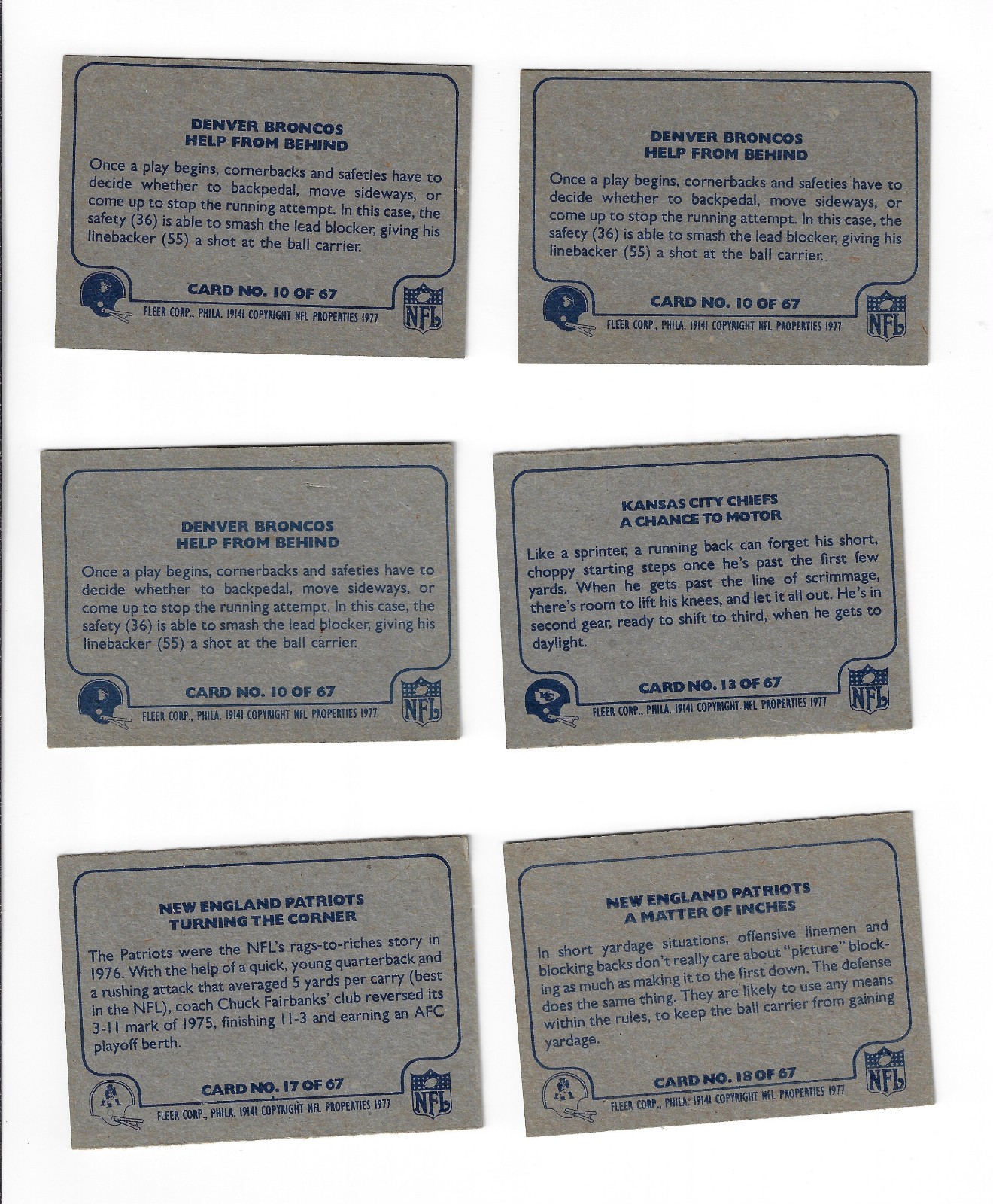 1977 Fleer NFL Team Action Football (1-67) Pick Your Cards, EXCELLENT