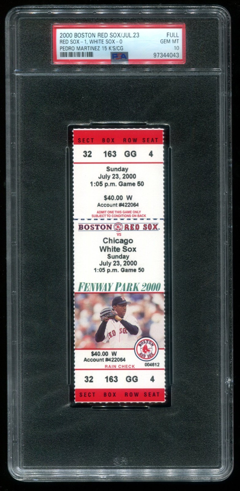 2000 July 23rd Ticket PSA 10 Gem Mint Red Sox Pedro Martinez 15 K’s Complete Gm