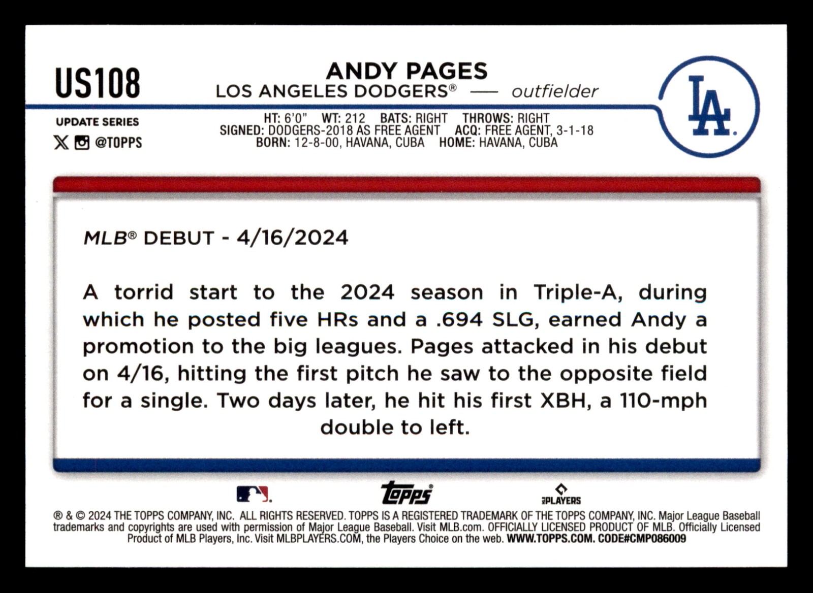 Andy Pages 2024 Topps Update Aqua #US108 (RC) FREE SHIPPING