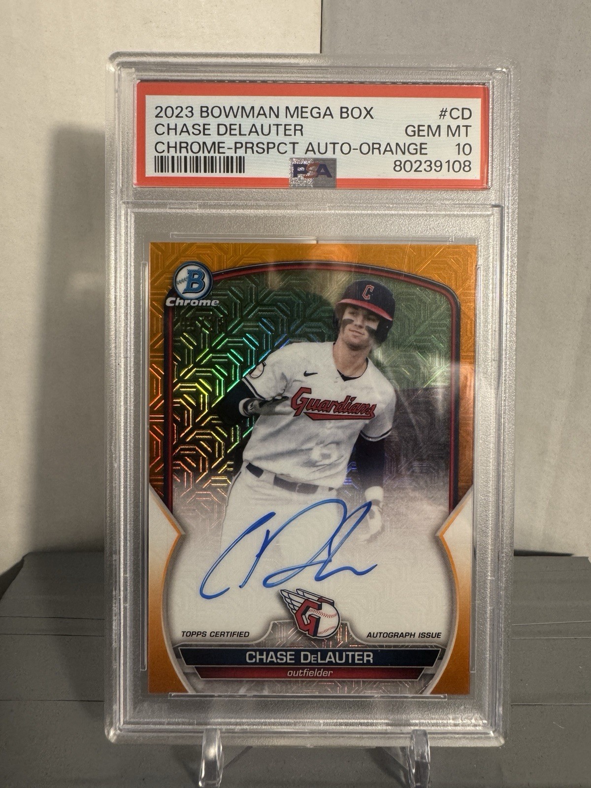 2023 Bowman Chrome Chase DeLauter Mega Box Orange Refractor Auto /25 PSA 10