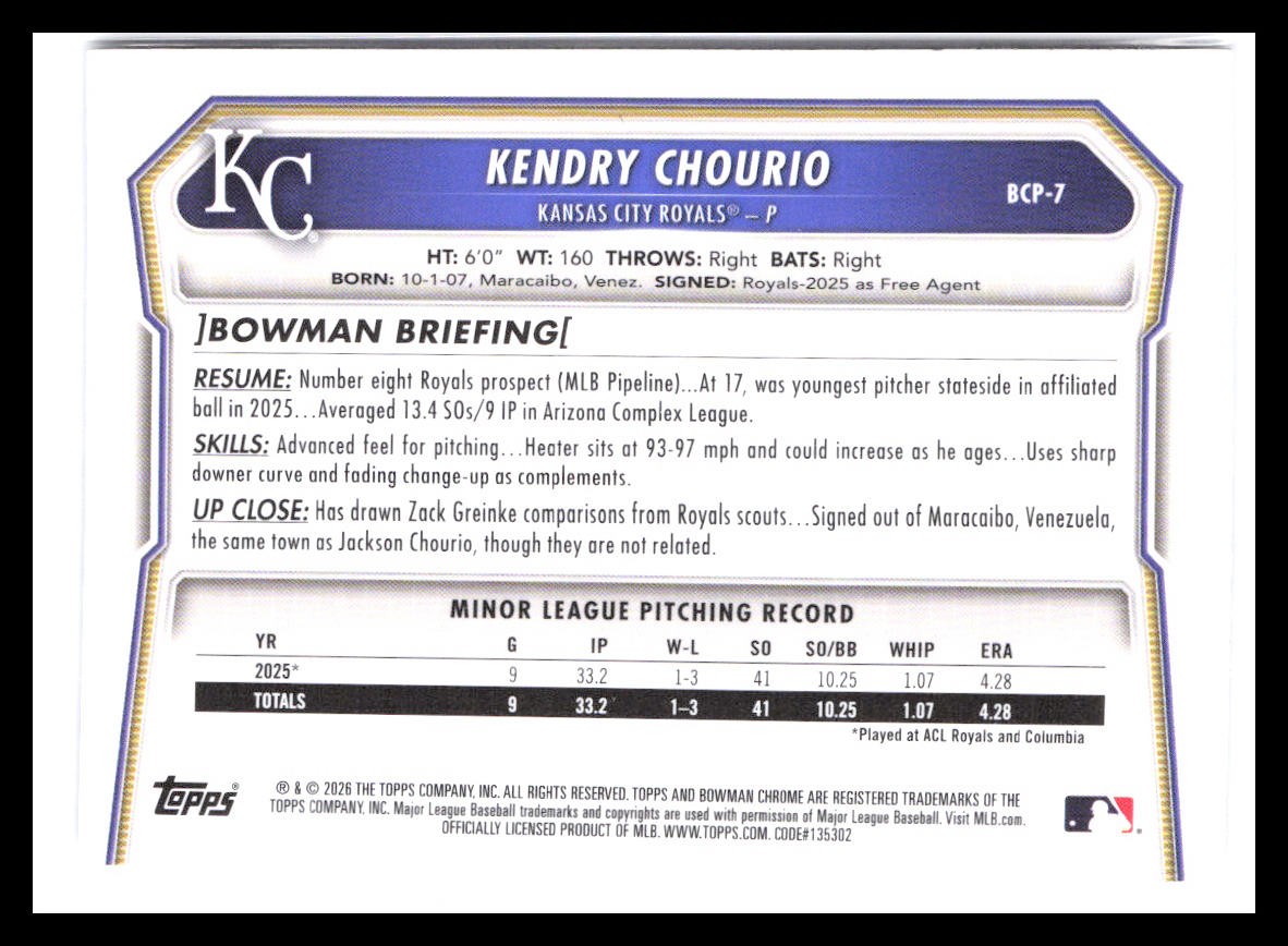 2026 Bowman #BCP-7 Kendry Chourio Chrome Prospects Lava Refractor #/399