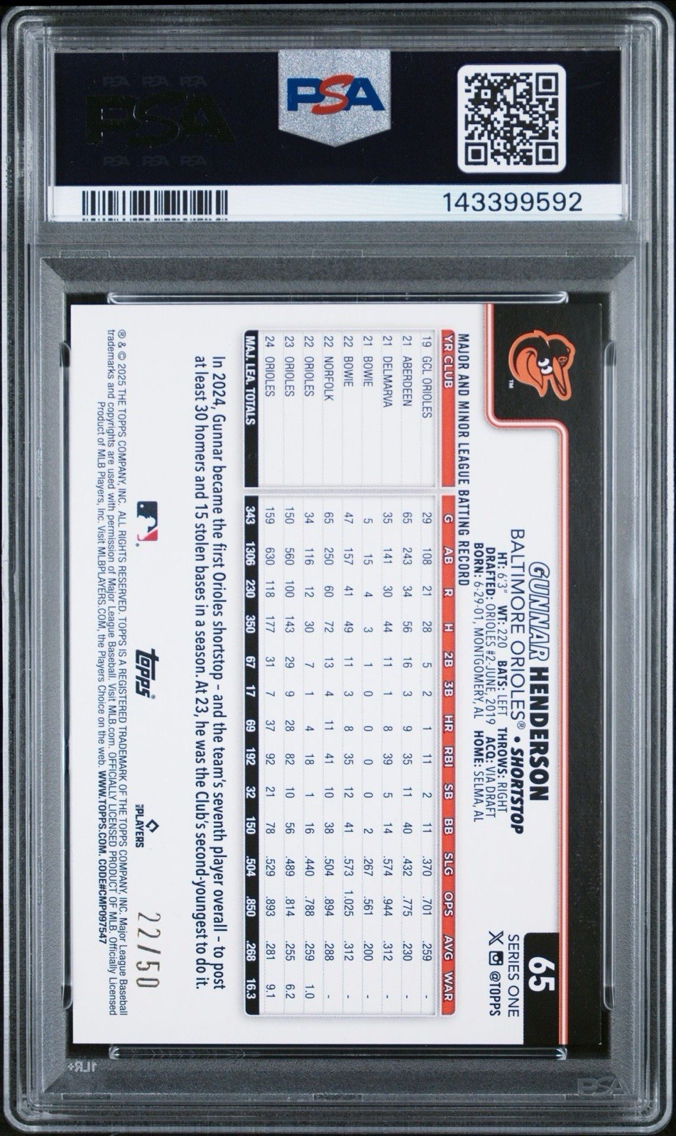 2025 Topps #65 Gunnar Henderson Gold Diamanté /50 PSA 9 Mint