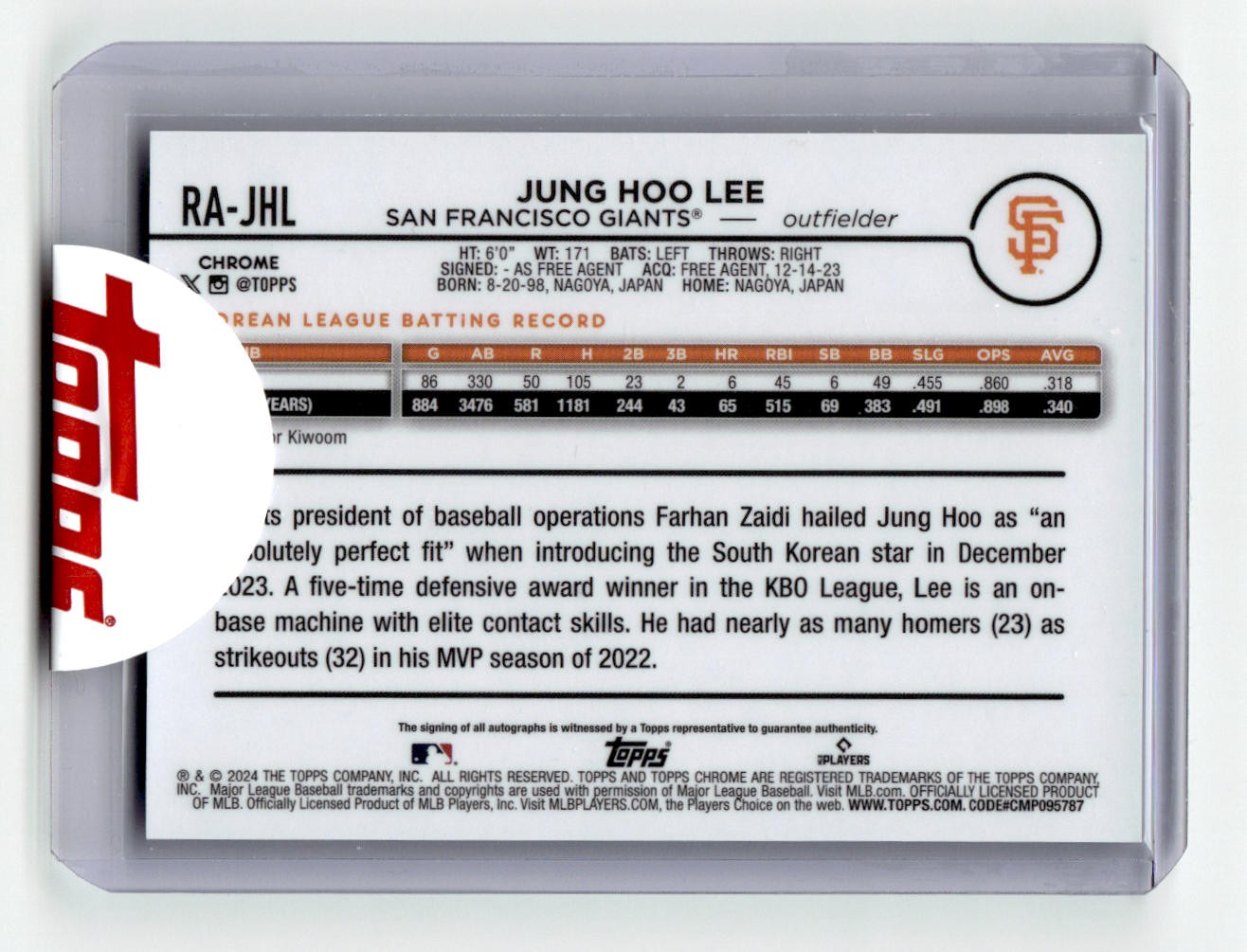 2024 TOPPS CHROME JUNG HOO LEE MAGENTA PURPLE LAVA LAMP ROOKIE AUTO RC #103/299