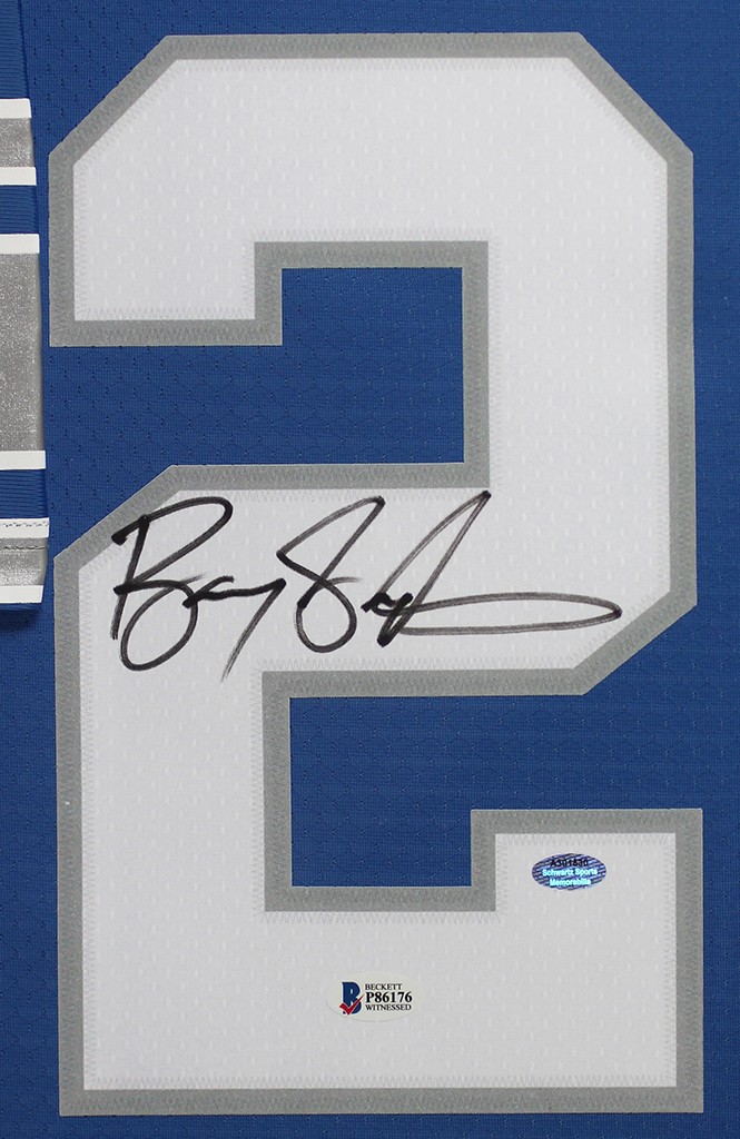 Barry Sanders Autographed & Framed Blue Lions Jersey Beckett COA