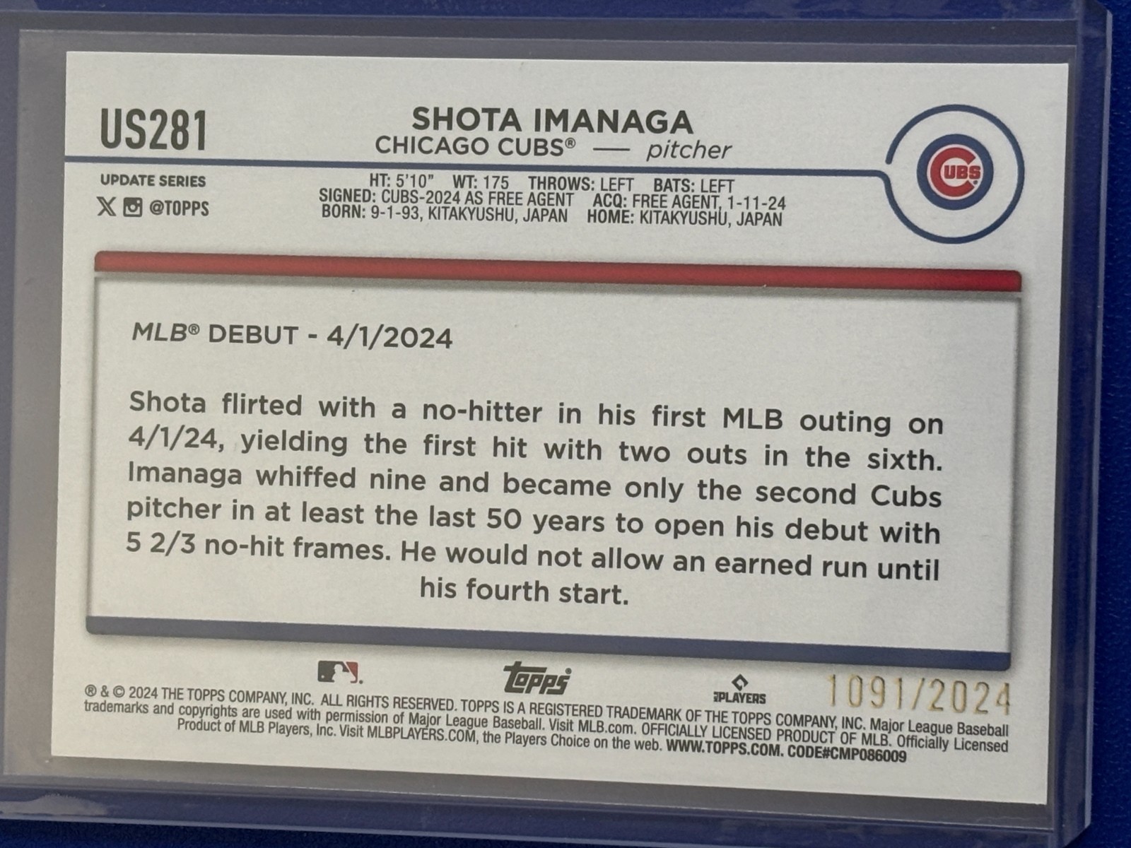2024 Topps Update Baseball Gold Parallel Base Card RC #US281 Shota IMANAGA /2024
