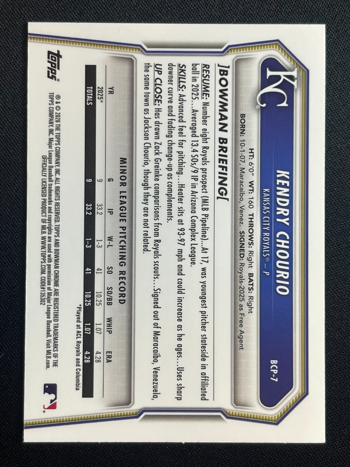 KENDRY CHOURIO /99 1ST GREEN 2026 BOWMAN CHROME SAPPHIRE ROYALS PROSPECT #BCP-7
