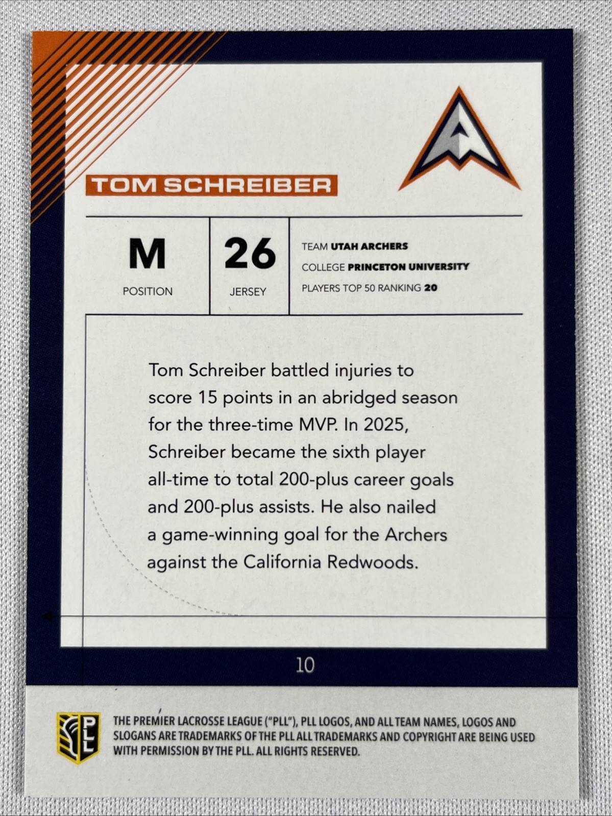 2026 PLL Fieldside II Lacrosse – Tom Schreiber #10 Parallel 56/99 Archers
