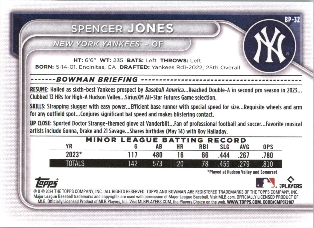 2024 Bowman Base Paper Spencer Jones #BP-32 New York Yankees Prospect Card