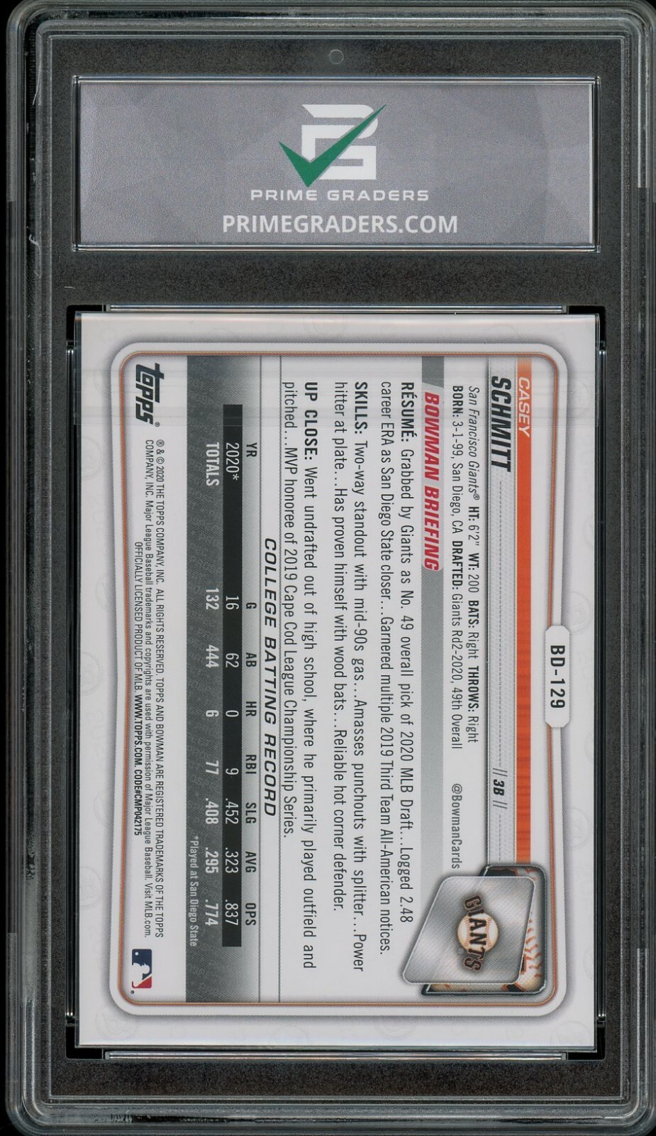 2020 Bowman Draft #BD-129 Casey Schmitt PRIME GRADED 10 GEM Mint Rookie RC 1st