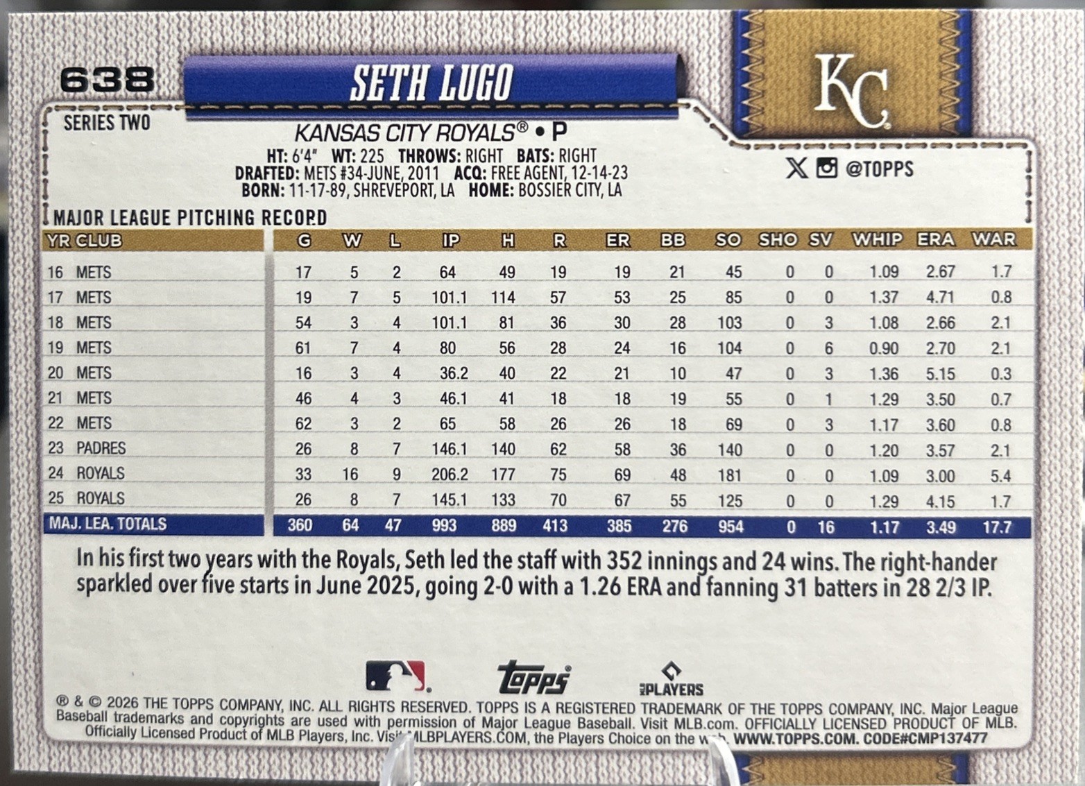 2026 Topps Series 2-#638 Seth Lugo Pink Holofoil