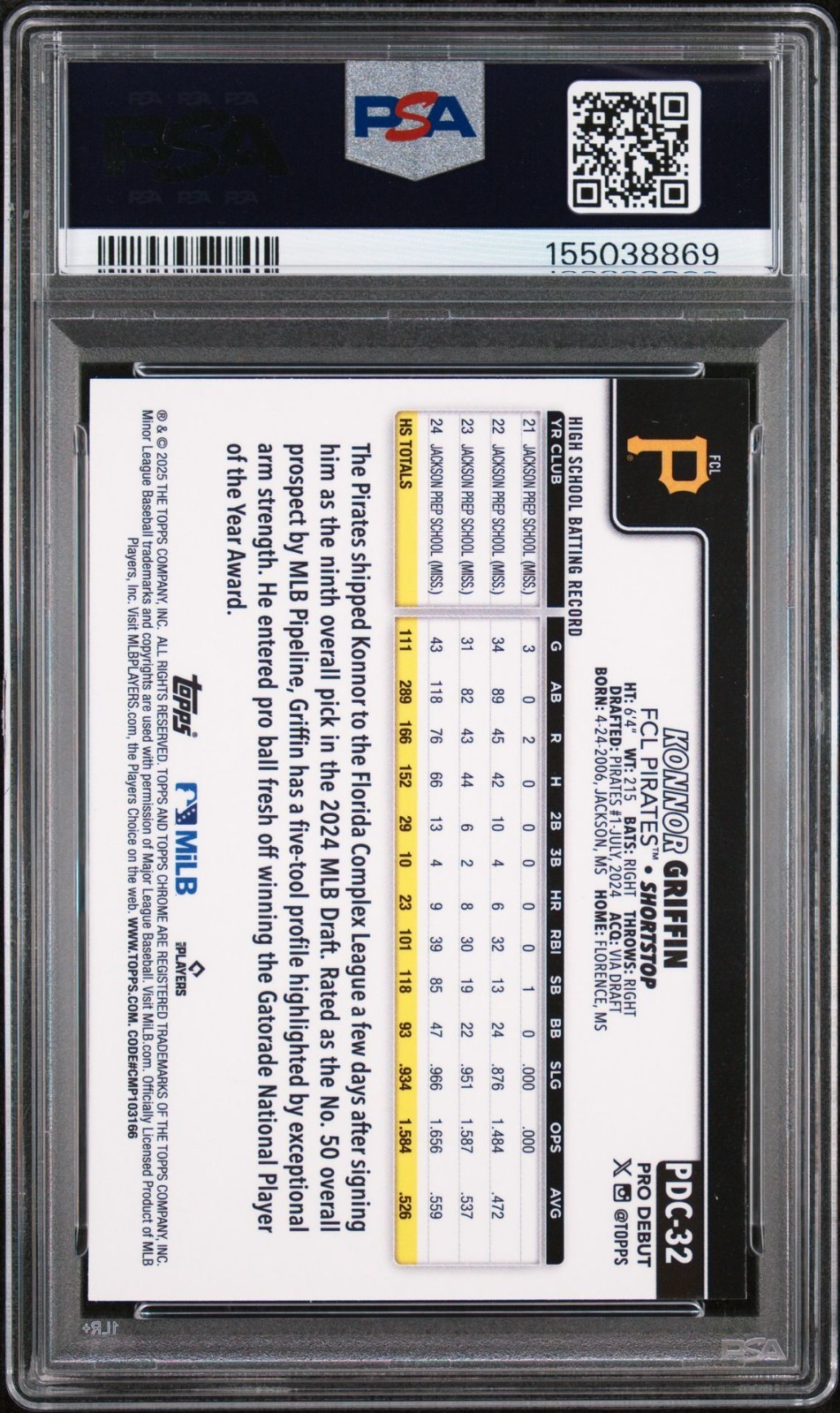 2025 Topps Pro Debut Konnor Griffin ROOKIE RC #32, CHROME PARALLEL, PSA 9