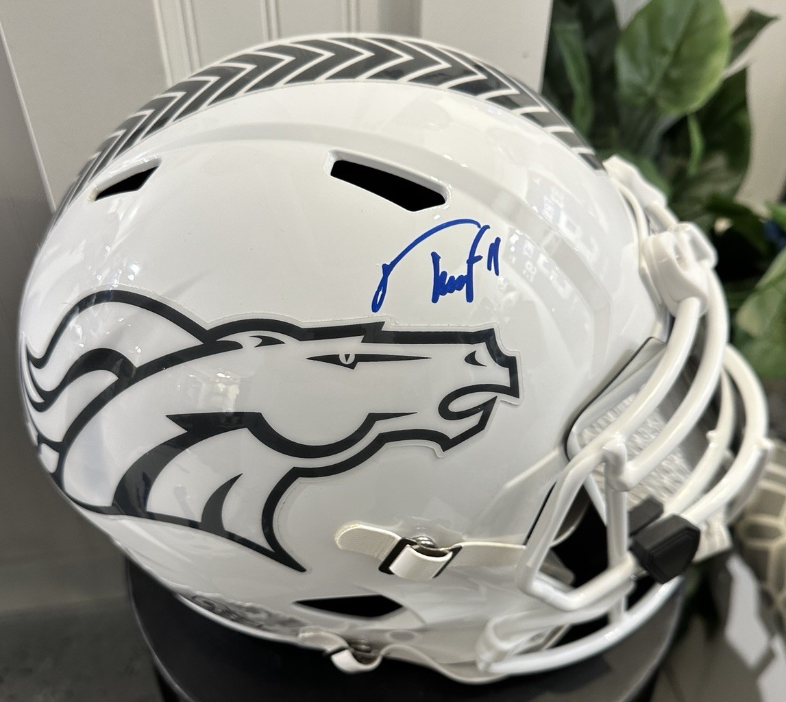 TROY FRANKLIN SIGNED DENVER BRONCOS FS STS WHITE REPLICA HELMET BECKETT QR