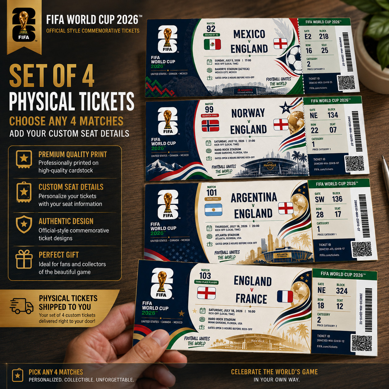 4-set custom FIFA World Cup 26 Commemorative Any Match Tickets USA Canada Mexico
