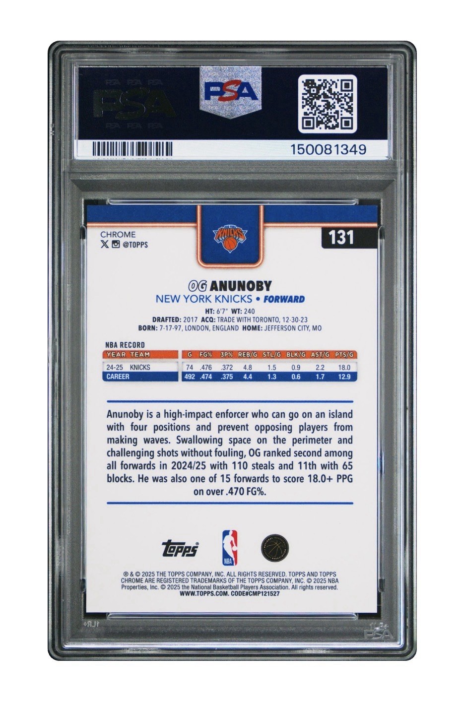 2025 TOPPS CHROME OG ANUNOBY TRUE ORANGE REFRACTOR /25 PSA 10 KNICKS • POP 1