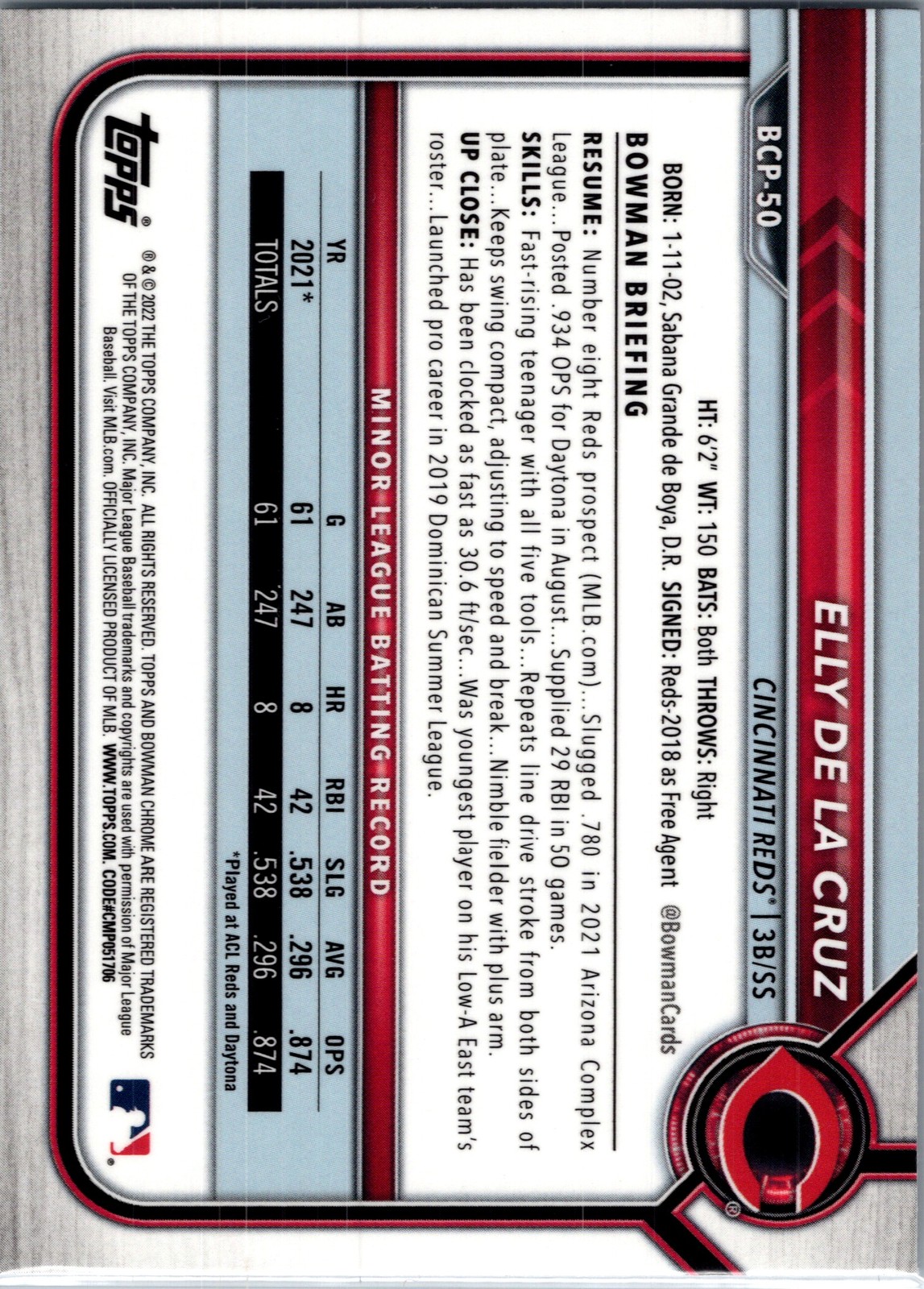 2022 Bowman #BCP-50 Elly De La Cruz Chrome Prospects