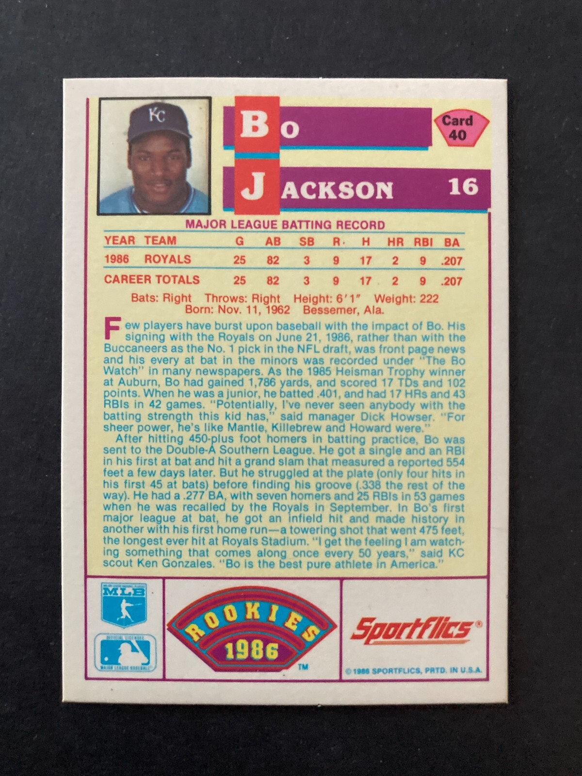 BO JACKSON 1986 SPORTFLICS ROOKIES RC ROOKIE CARD #40 – #010724J