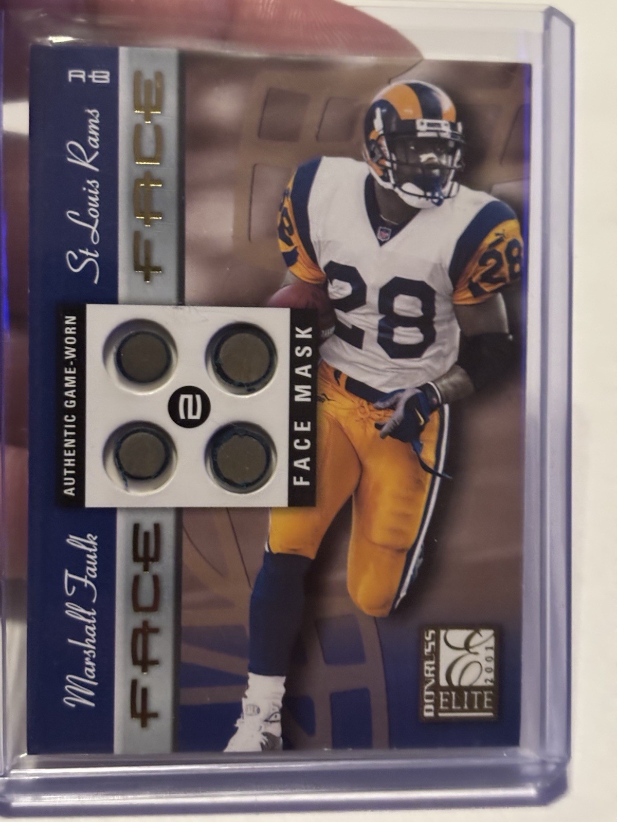 2001 Donruss Elite – Face 2 Face Marshall Faulk #FF-5 Game Worn Face Mask /100!