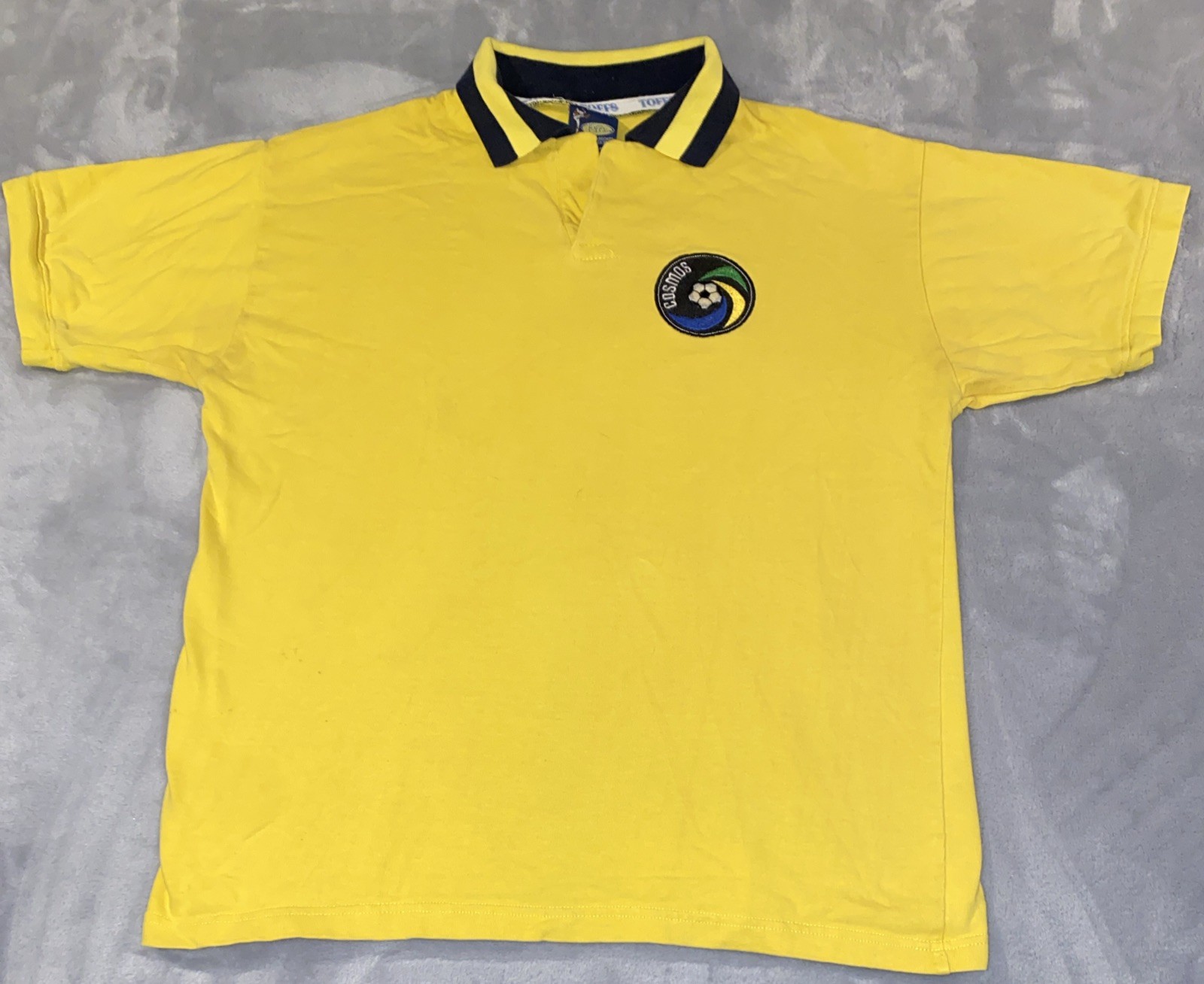 New York Cosmos Retro Rep Football Soccer Toffs Mens Large Yellow Polo Shirt EUC