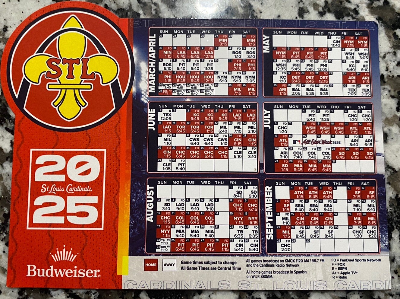 St. Louis Cardinals 2025 Magnetic Schedule – SGA 3-27-25 – 5 Pocket Schedules