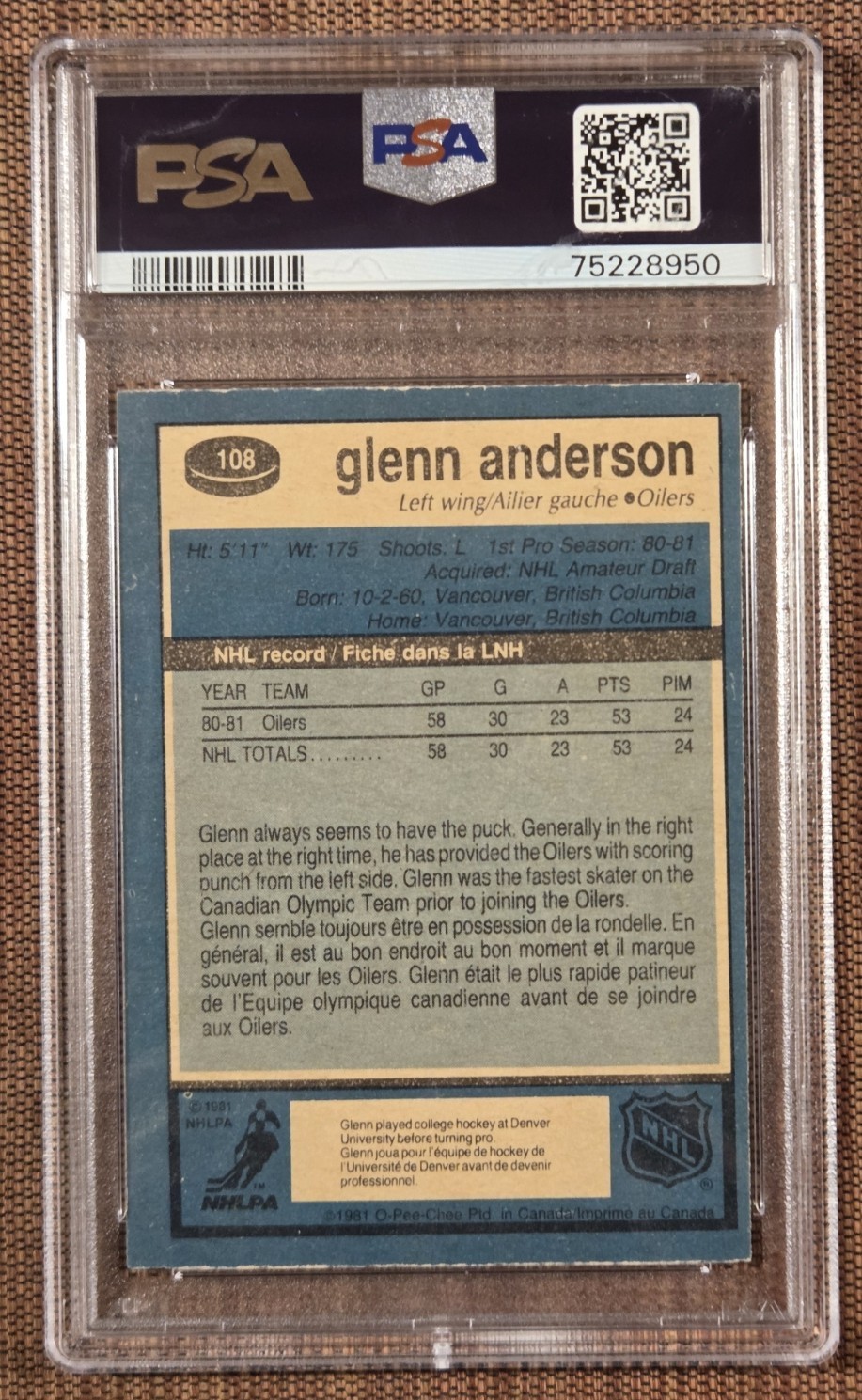 1981 O-Pee-Chee #108 Glenn Anderson Oilers Hockey Card PSA 9 / DNA 10 AUTO RC