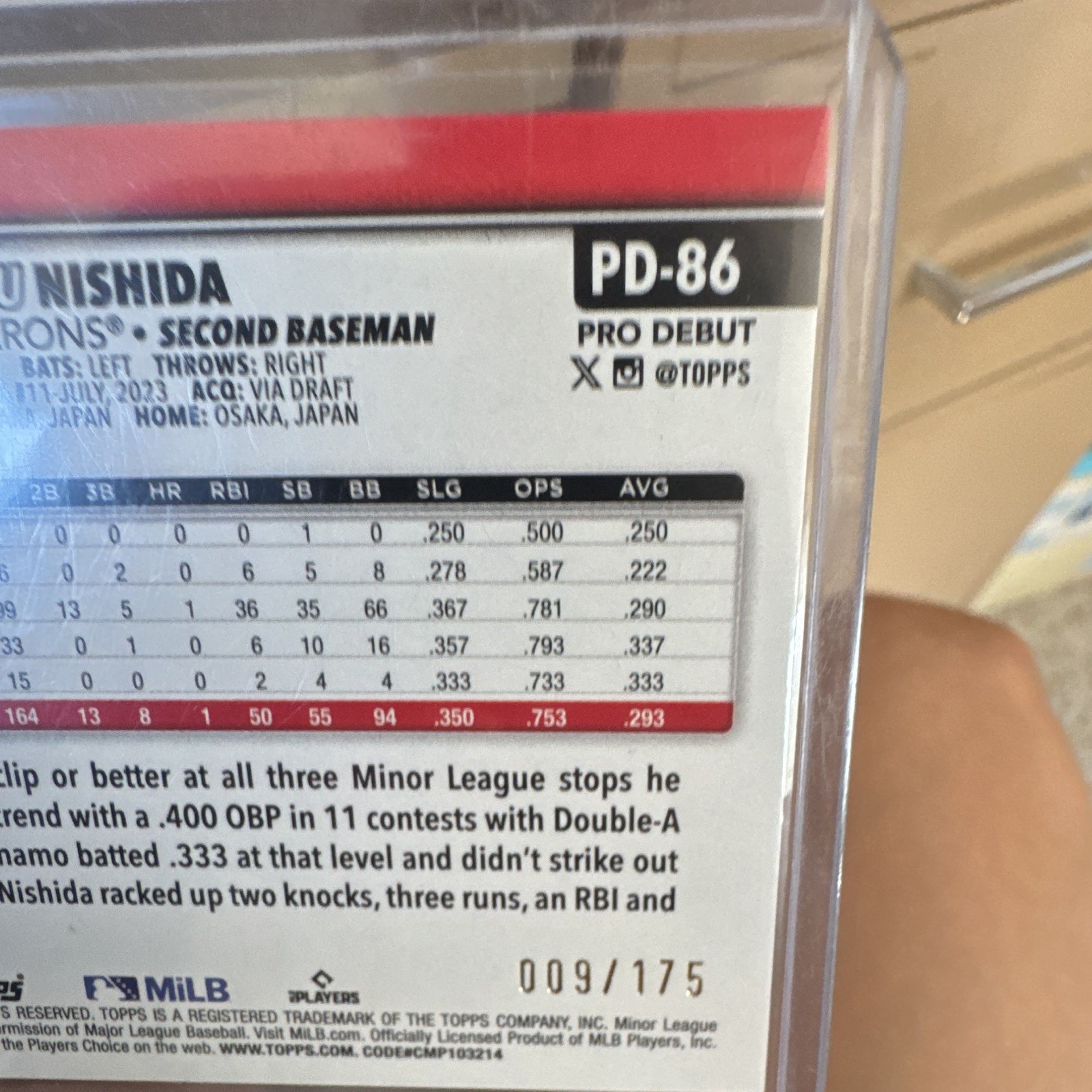 Topps 2025 Pro Debut Rikuu Nishida PD-86 Birmingham Barons Auto /175