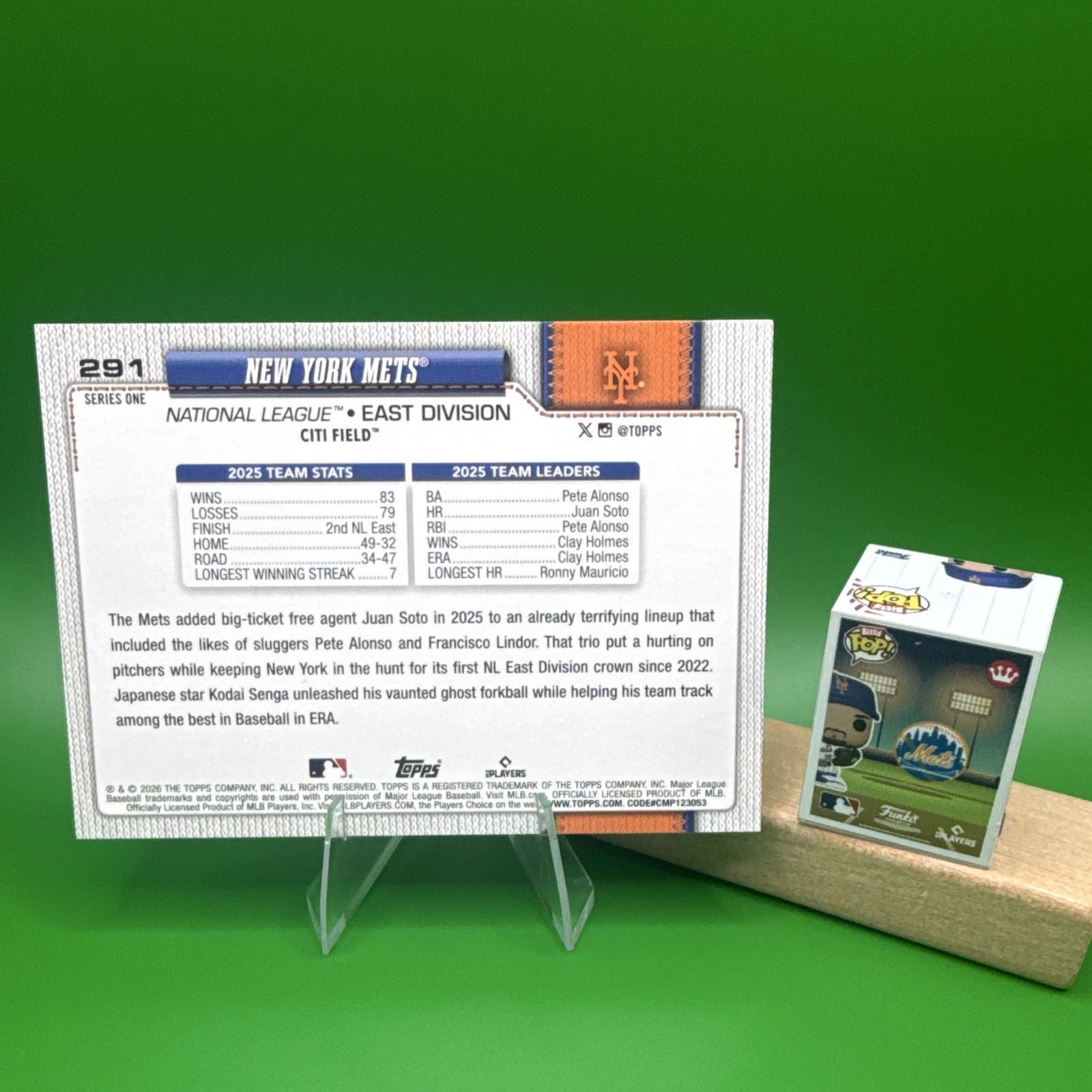 Topps 2026 Series 1 #291 New York Mets Team Card and Francisco Lindor Bitty Pop!