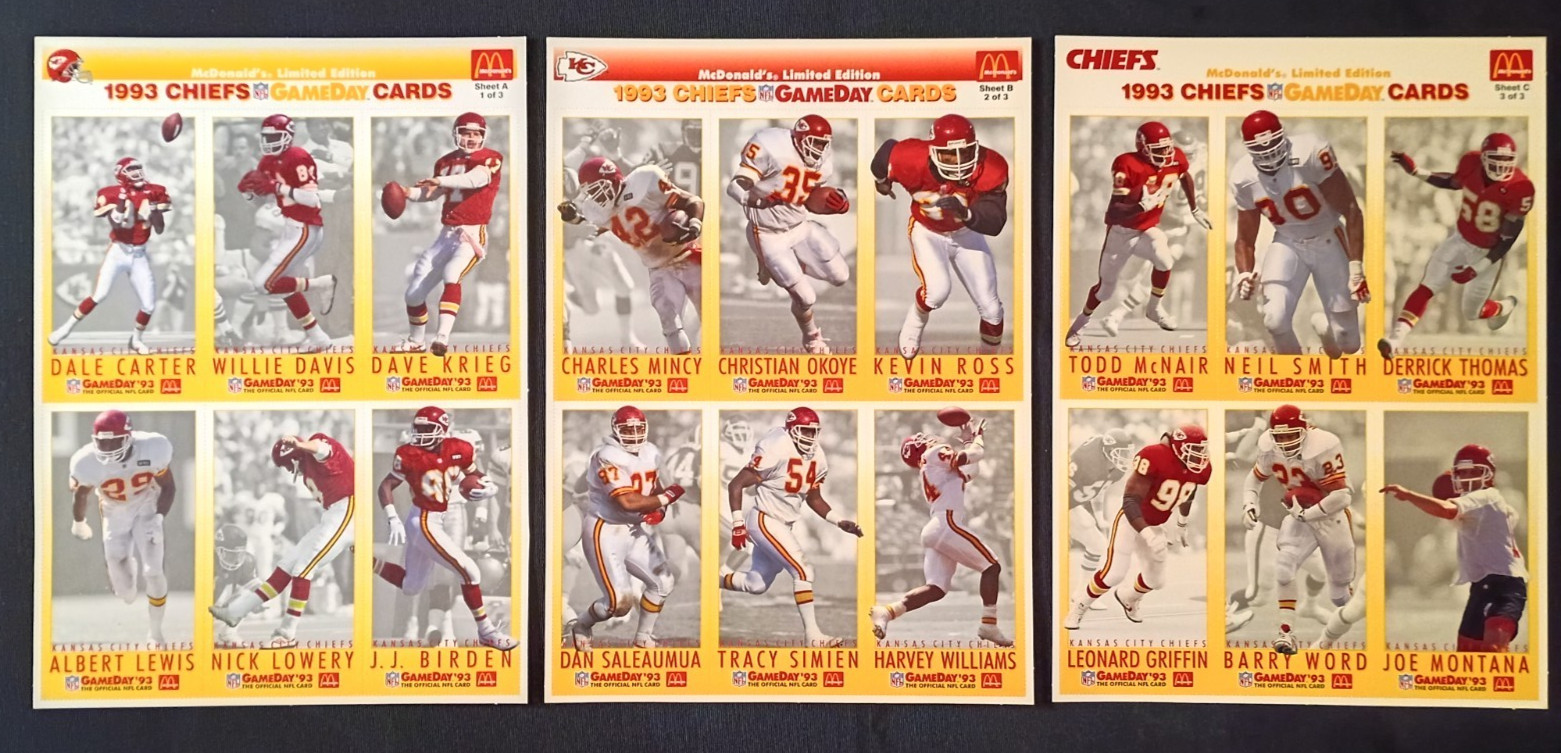 1993 NFL GameDay McDonald’s Kansas City CHIEFS Team Set A,B,C 18 Cards NM/MT