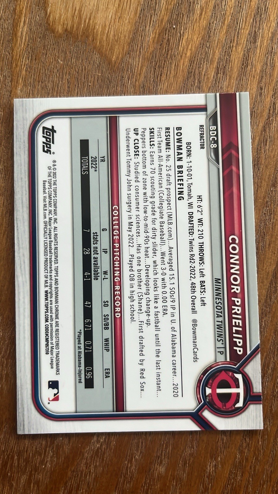 Connor Prielipp 2022 Bowman Draft Chrome Refractor 1st Bowman #BDC-8 Twins RC