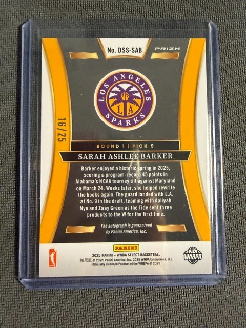 2025 Panini Select WNBA Tie Dye Draft Selections Sarah Ashlee Barker #16/25 Auto