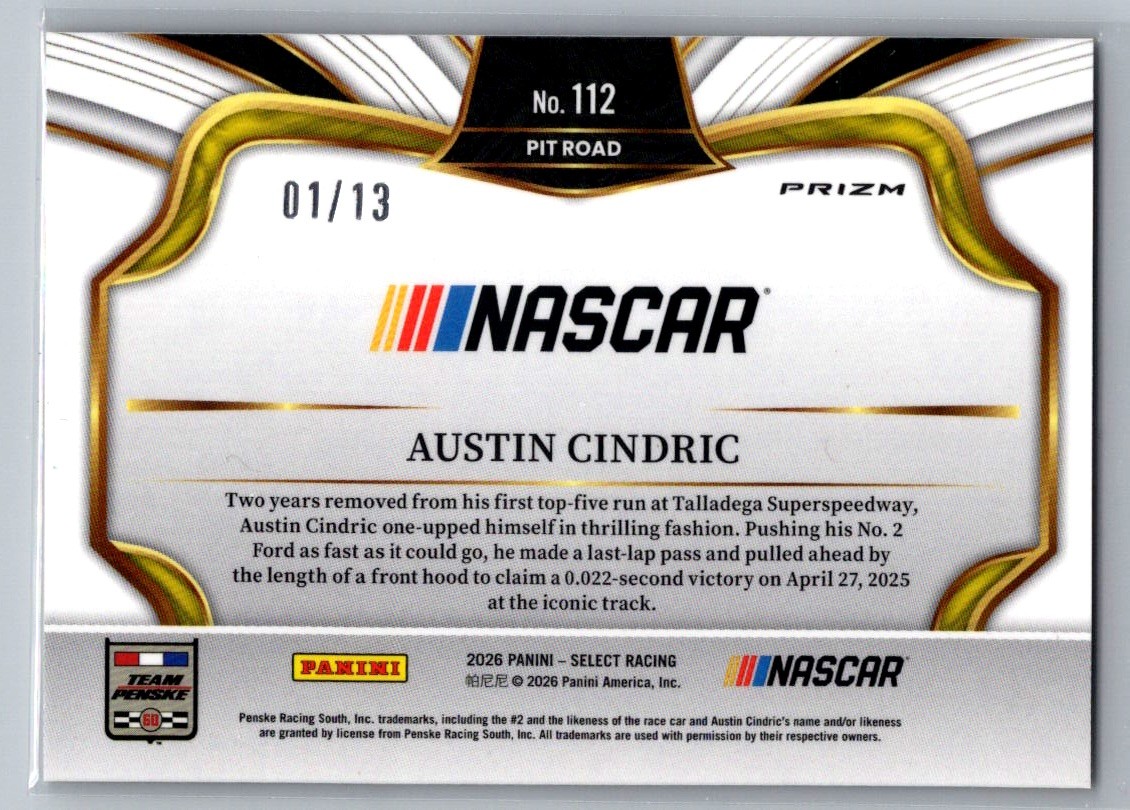 2026 Panini Select #112 Austin Cindric Gold Power Plaid #/13 eBay 1/1 FOP