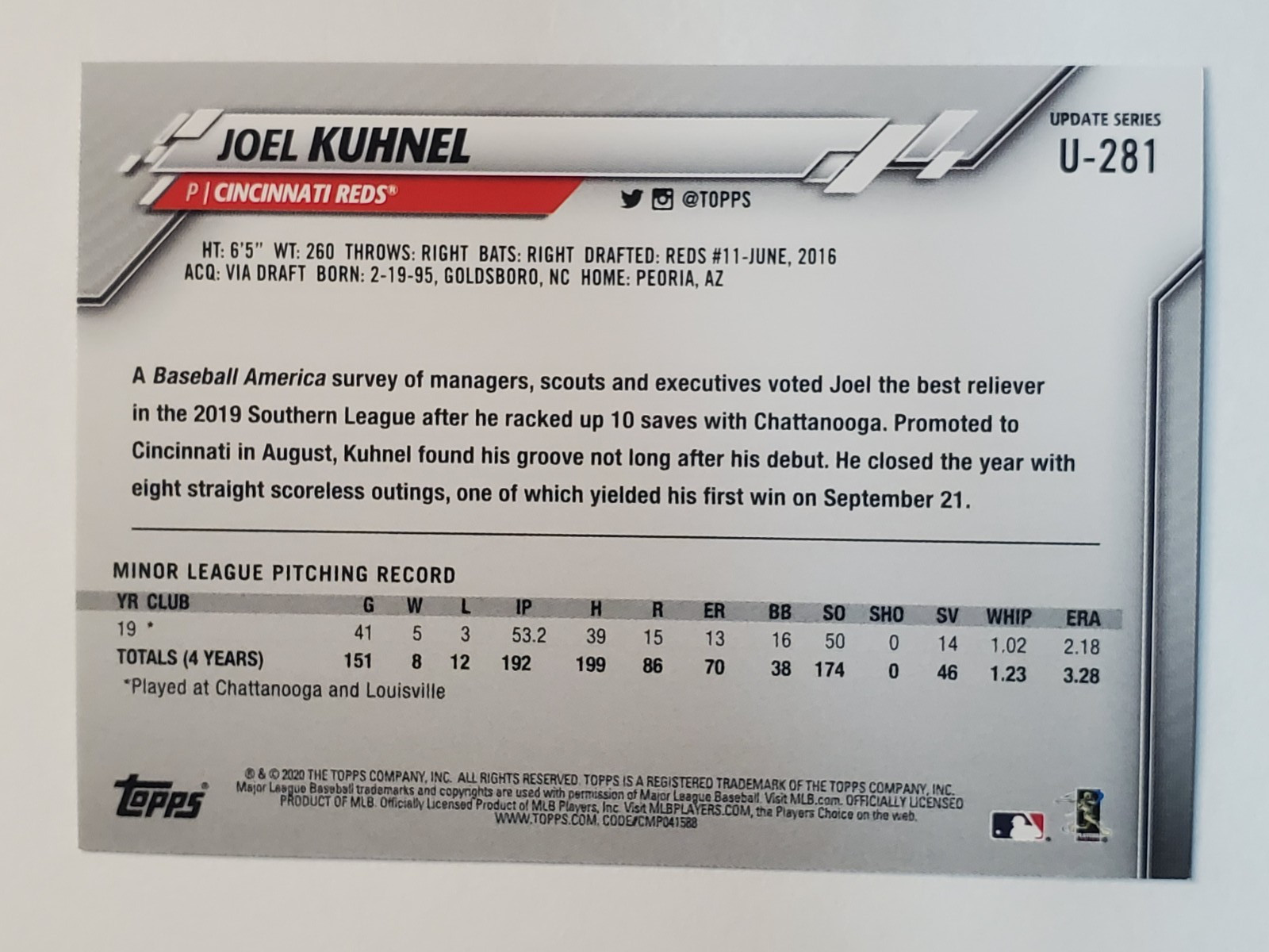 2020 Topps Update #U281 Joel Kuhnel RC!!! ~ Cincinnati Reds ROOKIE!!!