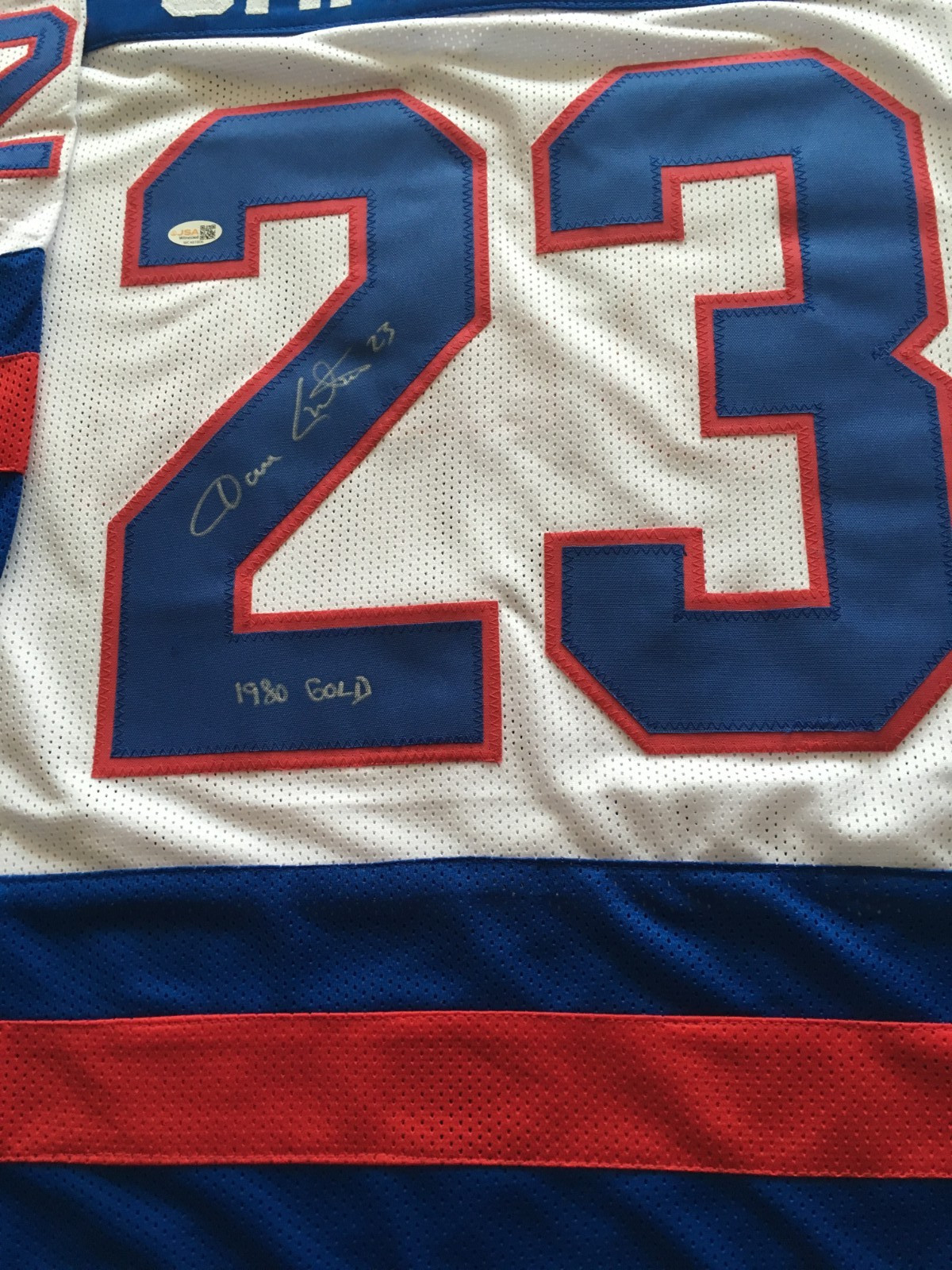 DAVE CHRISTIAN AUTOGRAPHED 1980 OLYMPIC JERSEY J.S.A. AUTHENTICATED