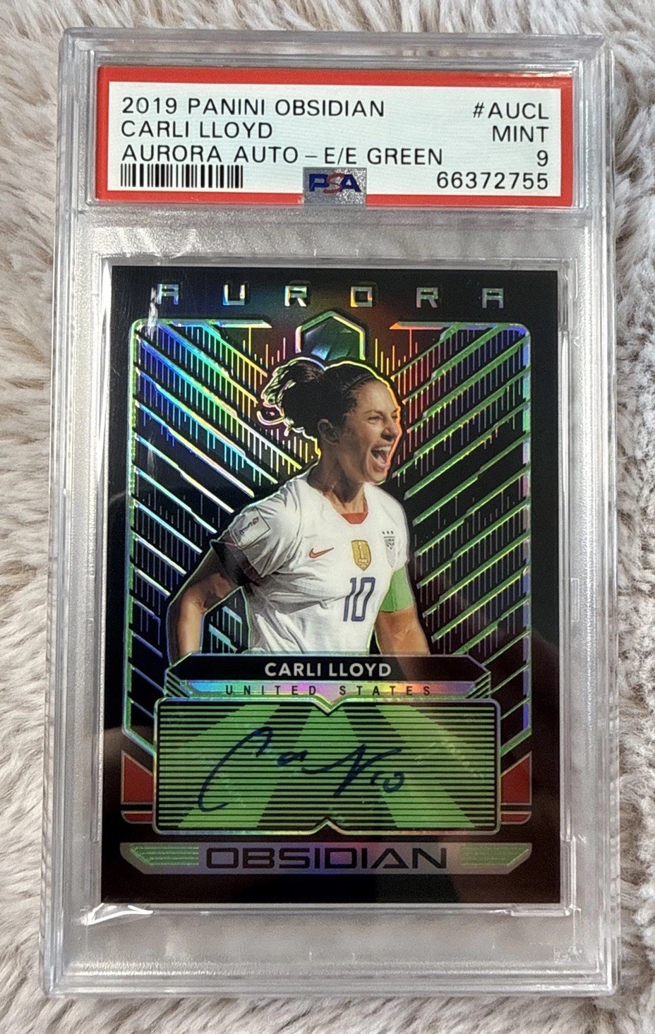 2019 PANINI OBSIDIAN AURORA-CARLI LLOYD AURORA AUTO-E/E GREEN /25 PSA 9🇺🇸