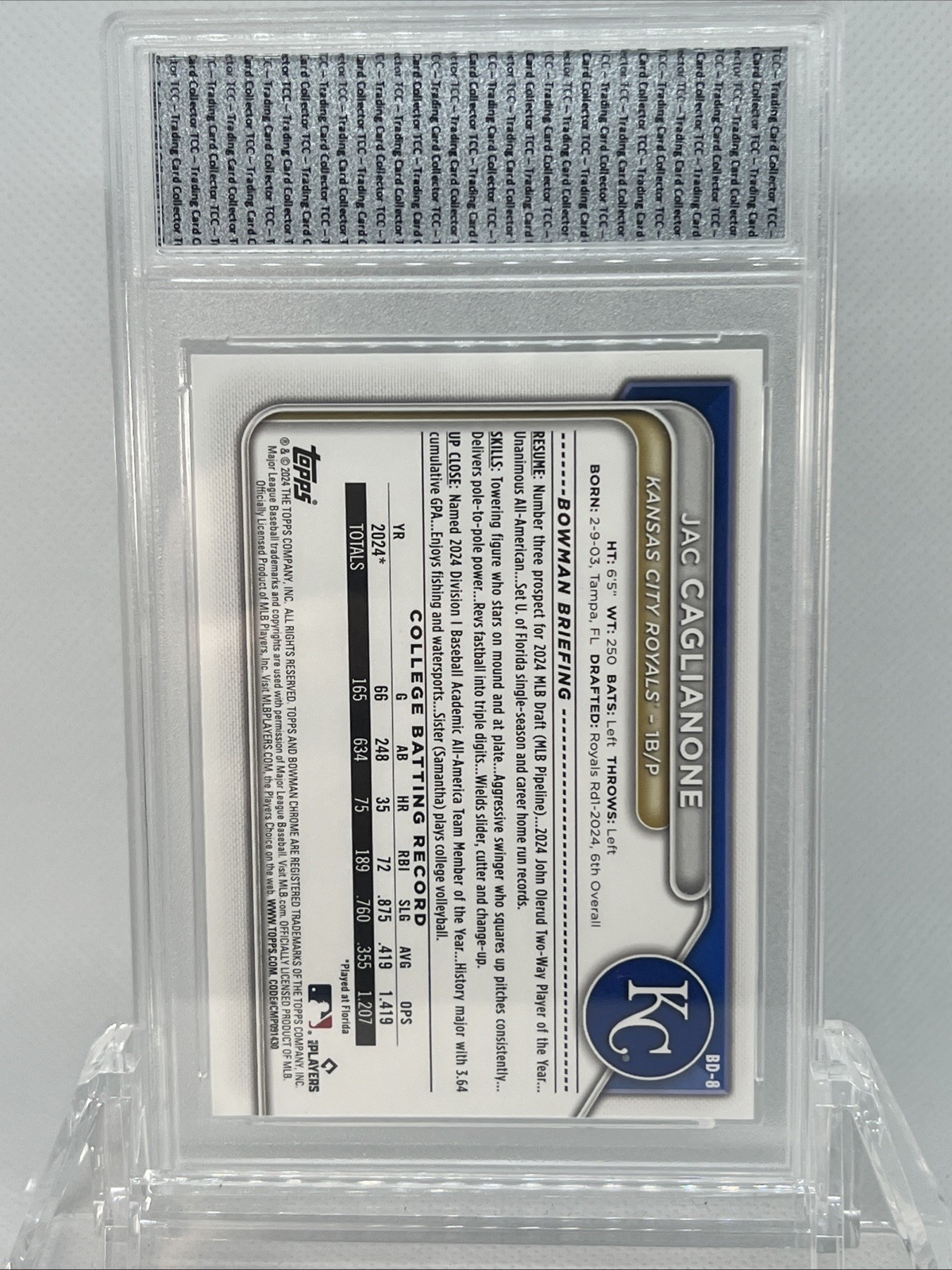 2024 Bowman Jac Caglianone Rookie 1st Bowman BD-8 TCC Graded Gem Mint 10