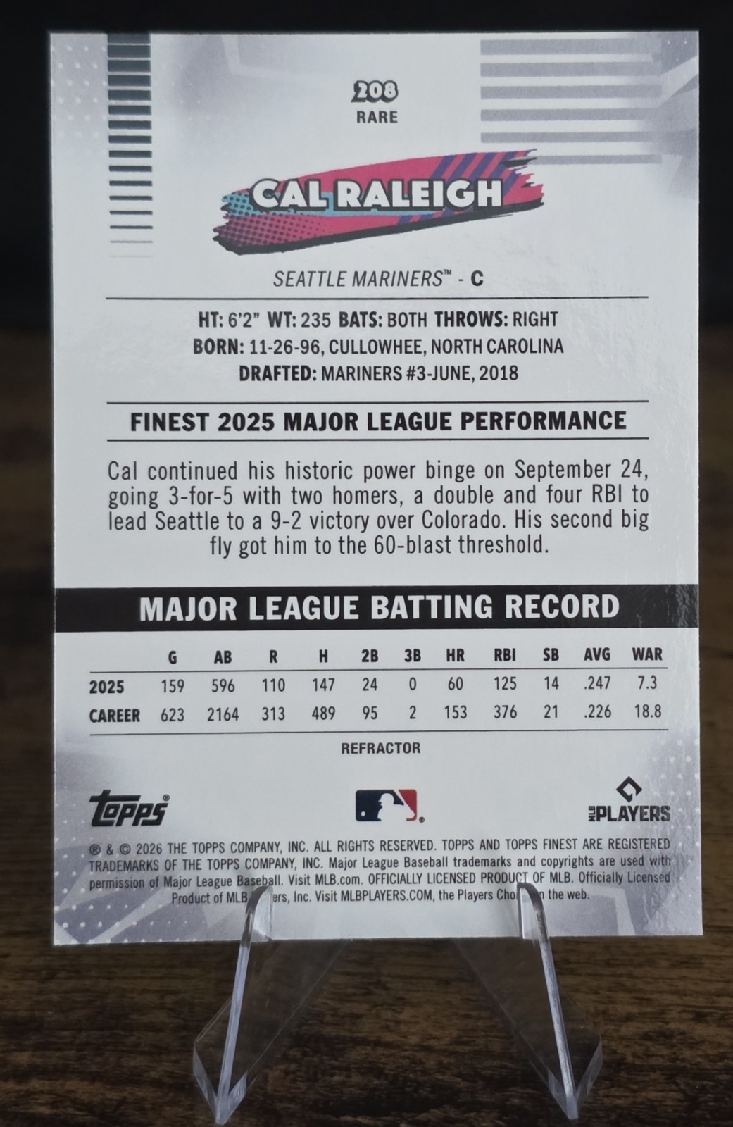⚾️ 2026 Topps Finest Cal Raleigh Rare Refractor #208 Seattle Mariners