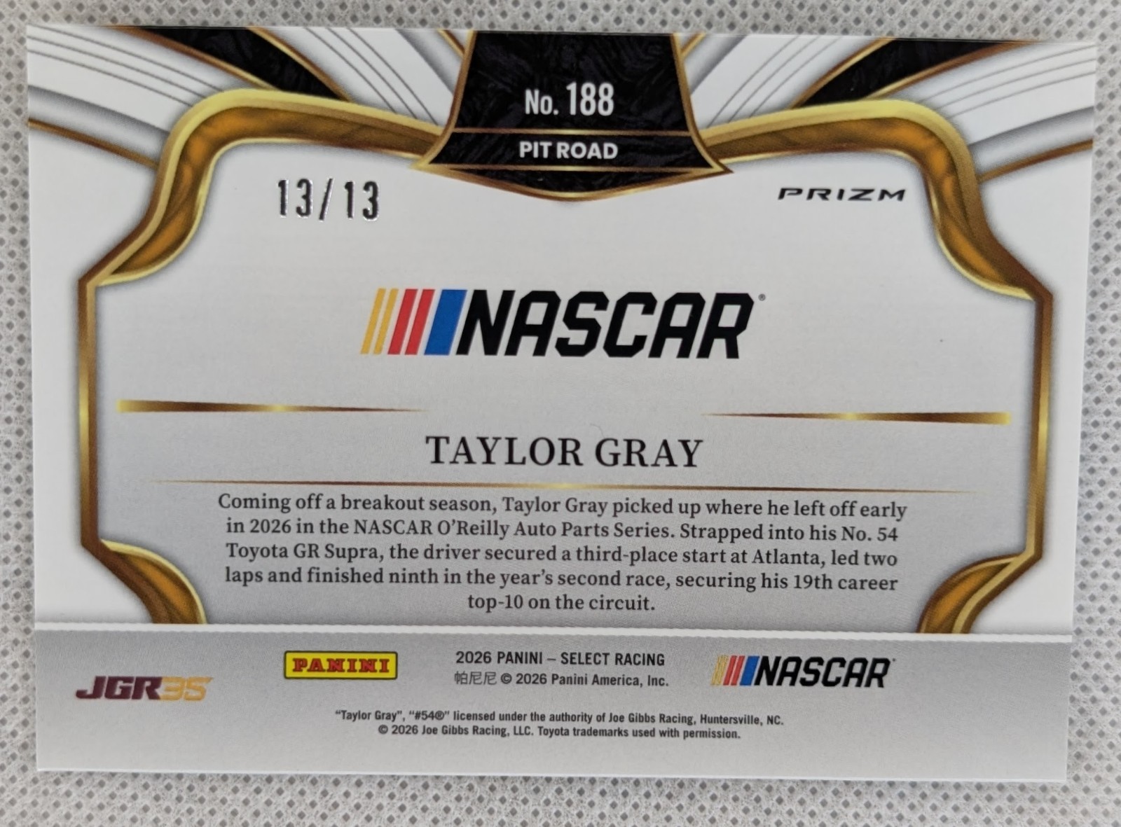 2026 Panini Select TAYLOR GRAY Rides FOTL Gold Power Plaid Prizm /13 NASCAR