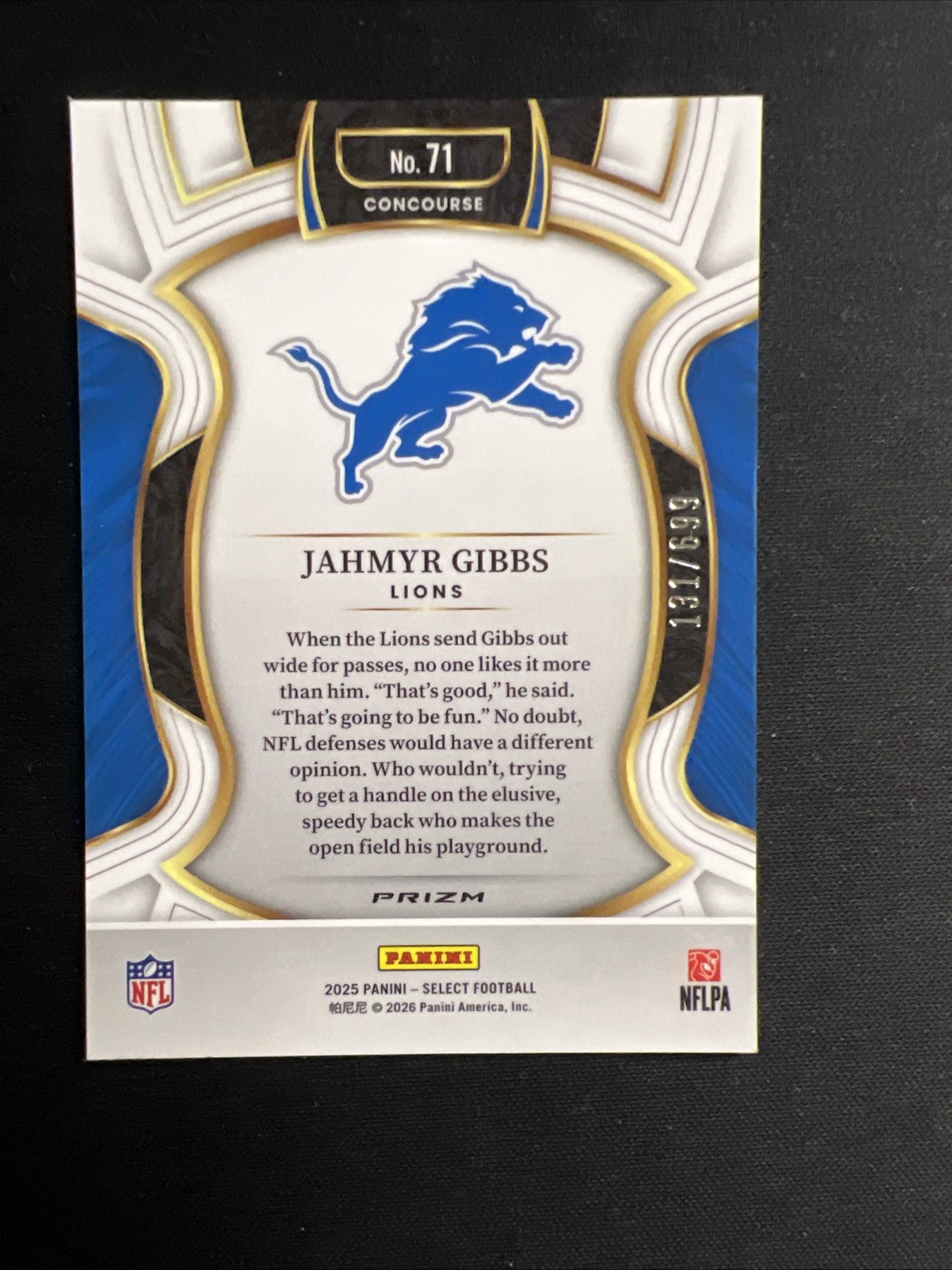 2025 Panini Select Jahmyr Gibbs Concourse Purple Shock /699 No. 71 Lions