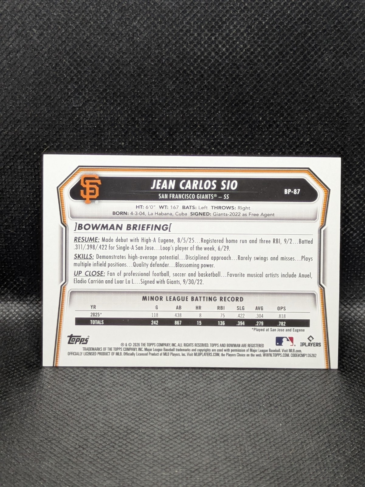 Bowman 2026 – Jean Carlos Sio Giants Green /99 1st Bowman BP-87