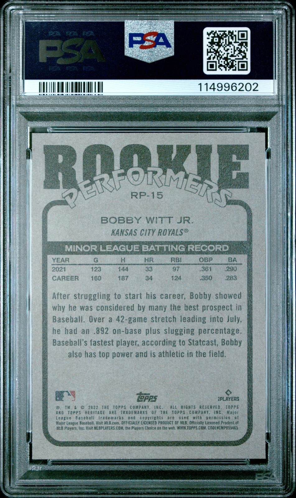 2022 TOPPS HERITAGE HIGH NUMBER ROOKIE PERFORMERS #RP15 BOBBY WITT JR. PSA 9