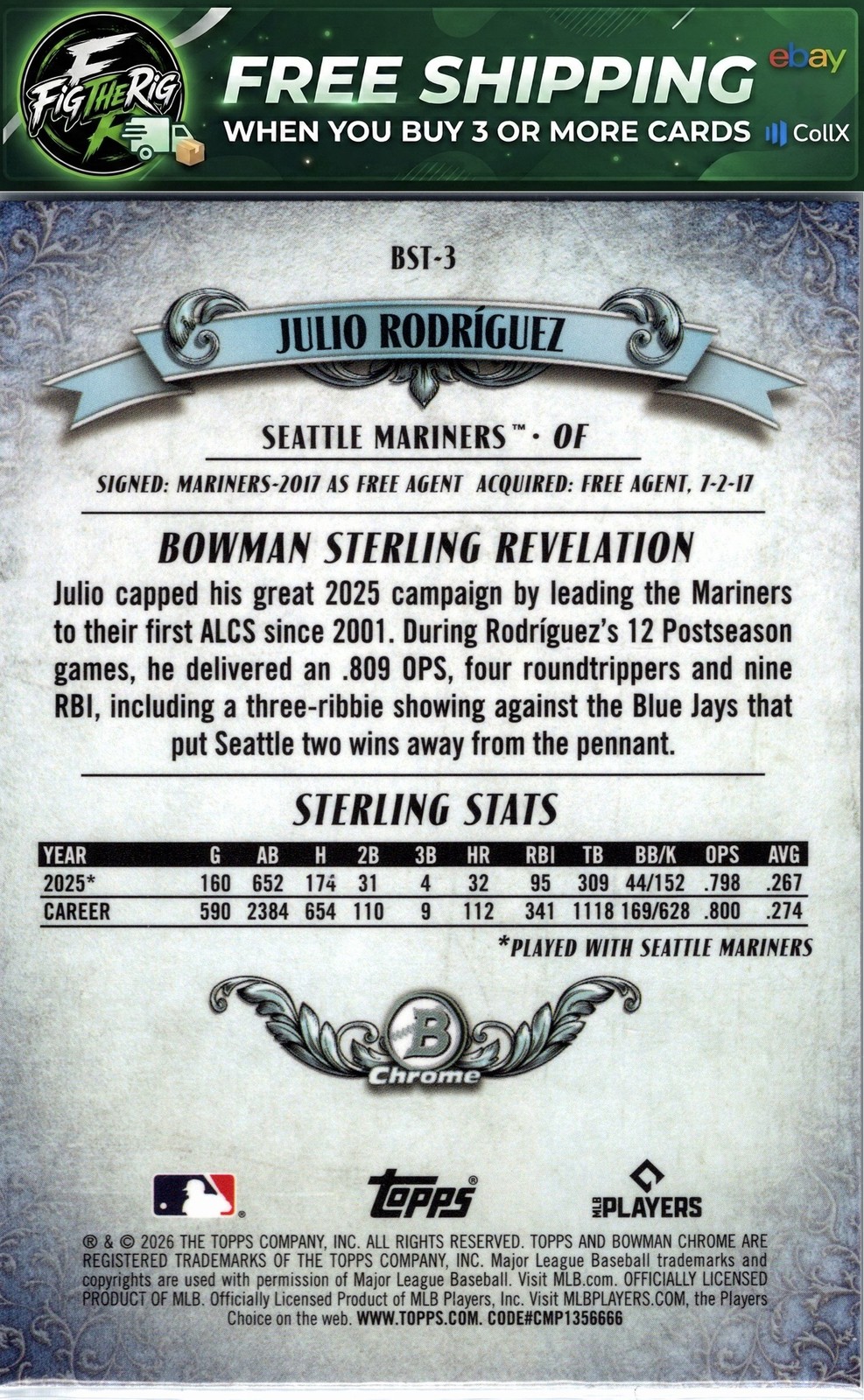 2026 Bowman #BST-3 Julio Rodríguez Bowman Sterling Mojo Refractors