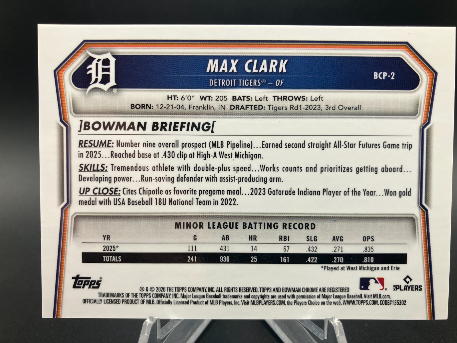 Max Clark 2026 Bowman Chrome Prospects Reptilian Refractor #BCP2 Tigers
