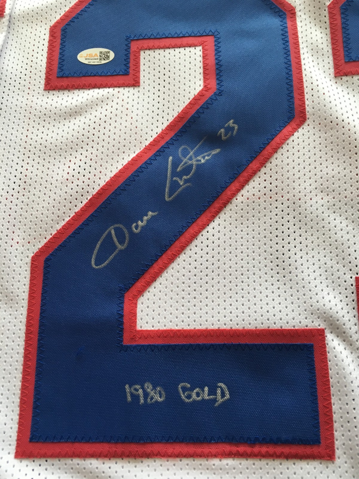 DAVE CHRISTIAN AUTOGRAPHED 1980 OLYMPIC JERSEY J.S.A. AUTHENTICATED
