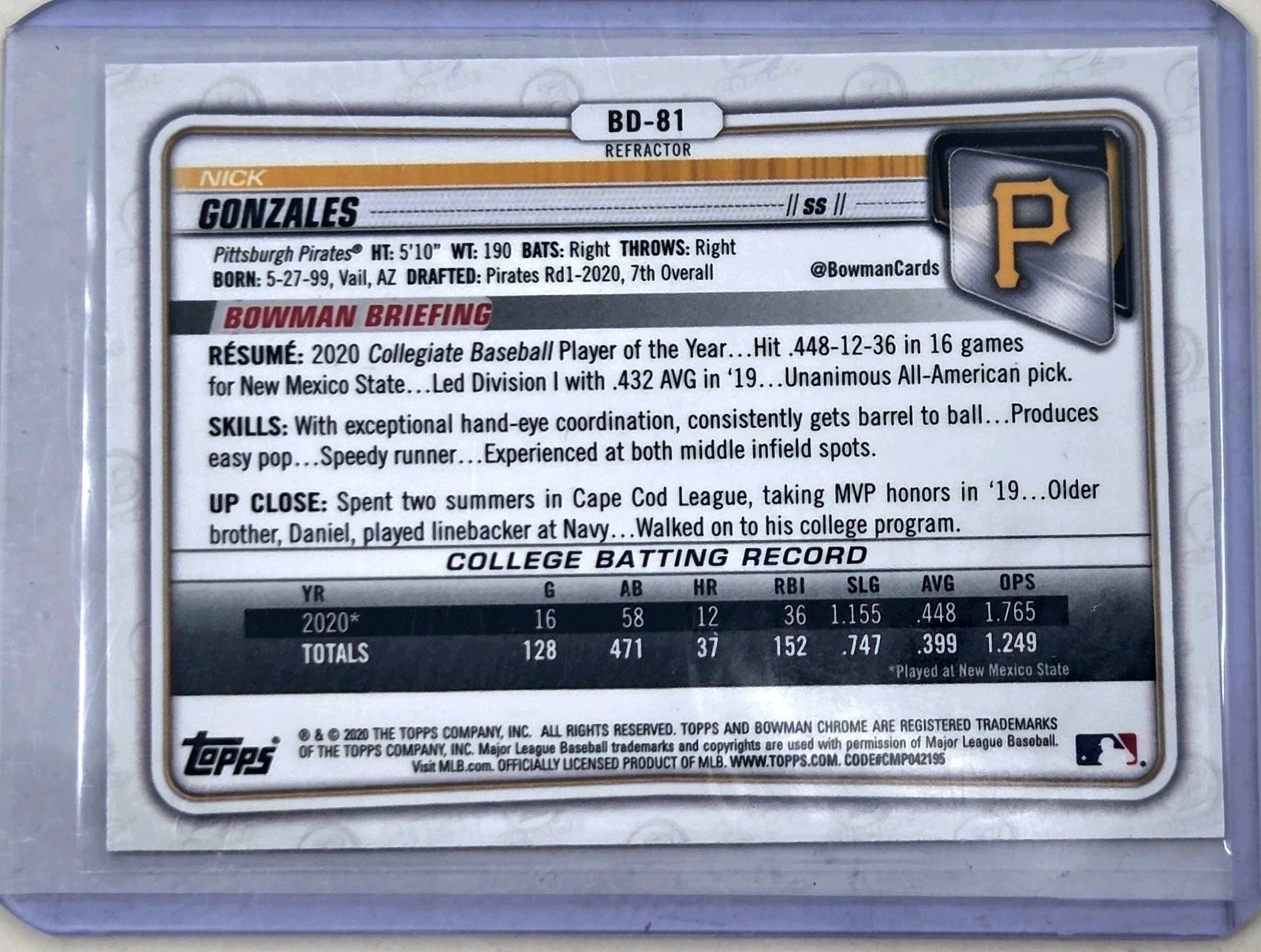 2020 Bowman Draft – Chrome Nick Gonzales #BD-81 Refractor (RC) Pittsburgh