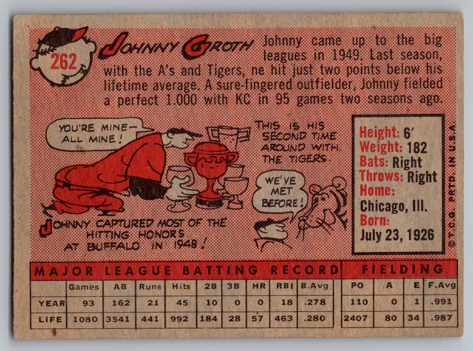 1958 TOPPS #262 JOHNNY GROTH TIGERS